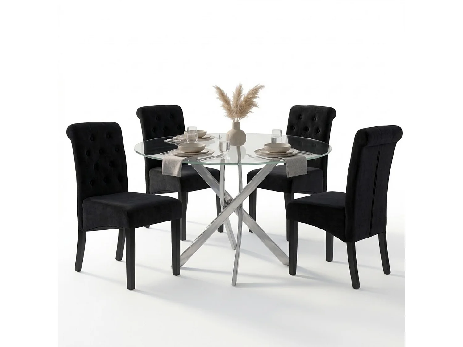 Modern Dining Table Set For 4 Dining Table With 4 Black Velvet Chairs For Dining Room Furniture