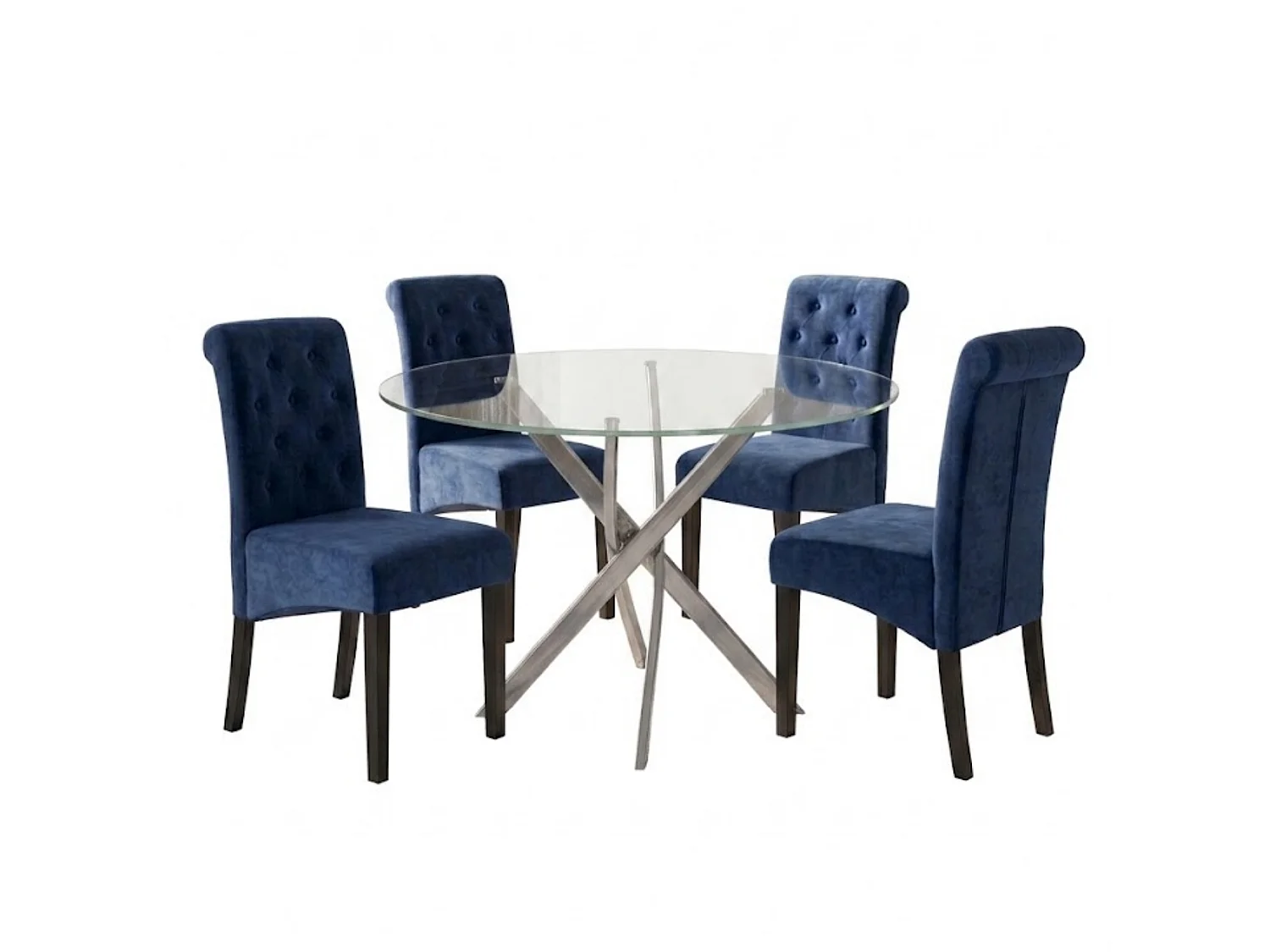 Oira Homes Modern 4 Seater Dining Table Set With Round Glass Dining Table And 4 Blue Velvet Chairs