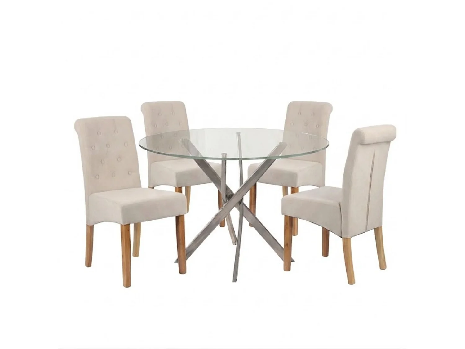 Oira Homes Modern 4 Seater Dining Table Set With Round Glass Dining Table And 4 Cream Velvet Chairs