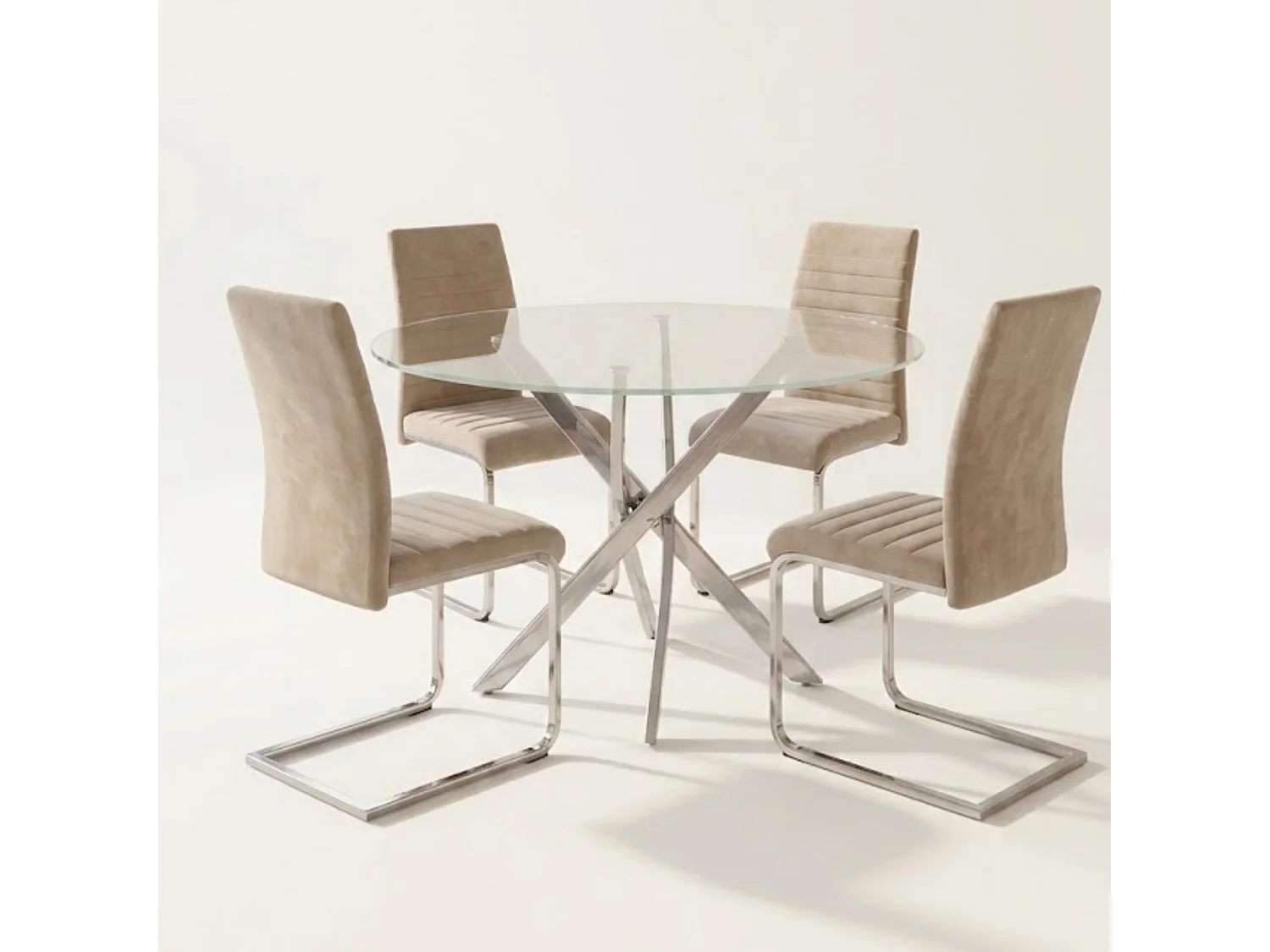 Modern Round Glass Dining Table Set With 4 Cream Velvet Chairs 4 Seater Dining Table Set