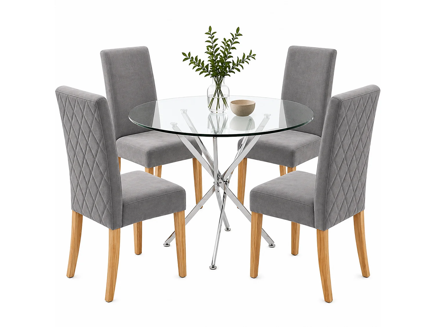 Oira Homes Modern 4 Seater Dining Table Set With Round Glass Dining Table And 4 Grey Velvet Chairs