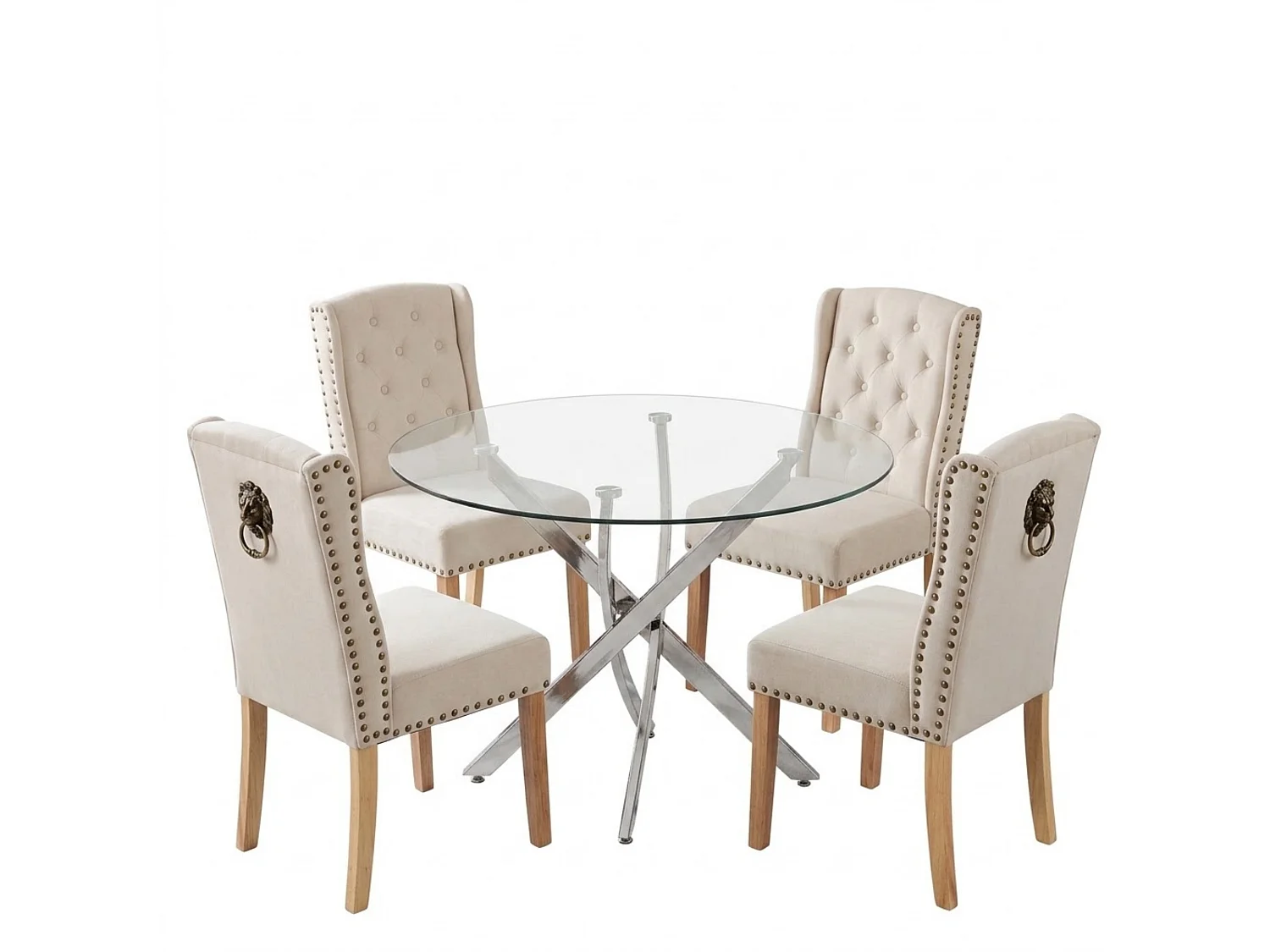 Modern Round Glass Dining Table Set With 4 Cream Velvet Chairs 4 Seater Dining Table Set