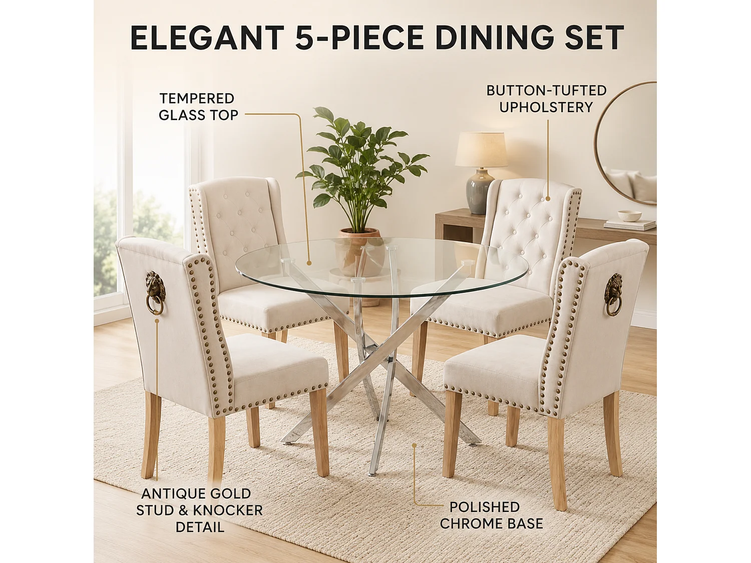 Modern Round Glass Dining Table Set With 4 Cream Velvet Chairs 4 Seater Dining Table Set