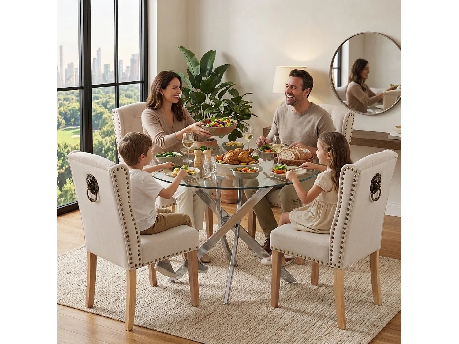Modern Round Glass Dining Table Set With 4 Cream Velvet Chairs 4 Seater Dining Table Set