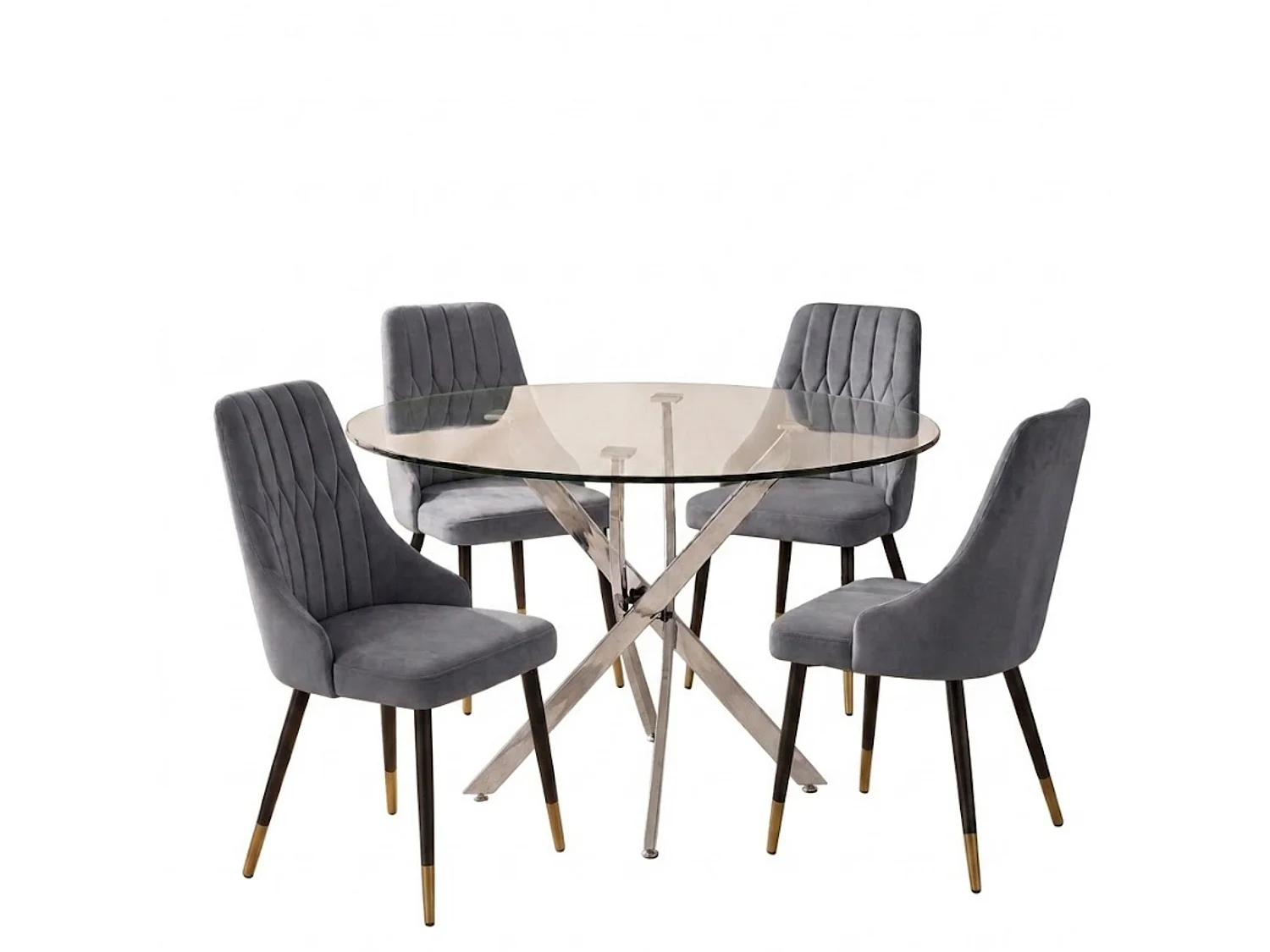 Modern Round Glass Dining Table Set With 4 Grey Velvet Chairs 4 Seater Dining Table Set