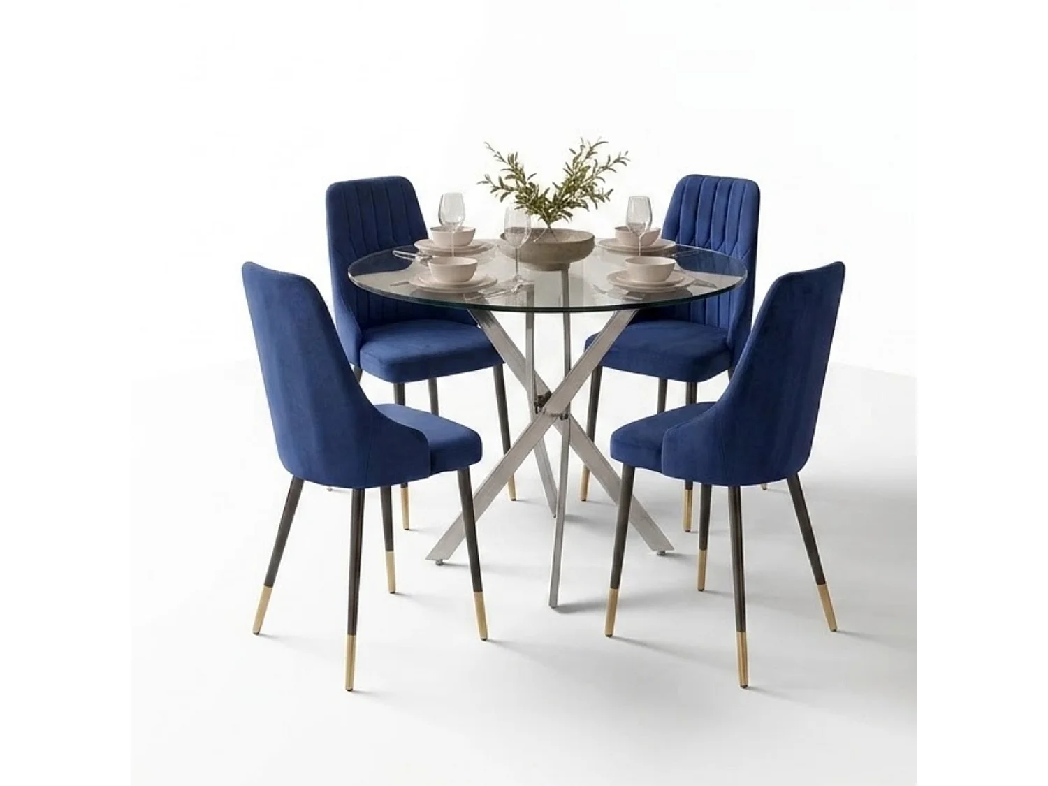 Oira Homes Modern 4 Seater Dining Table Set With Round Glass Dining Table And 4 Blue Velvet Chairs