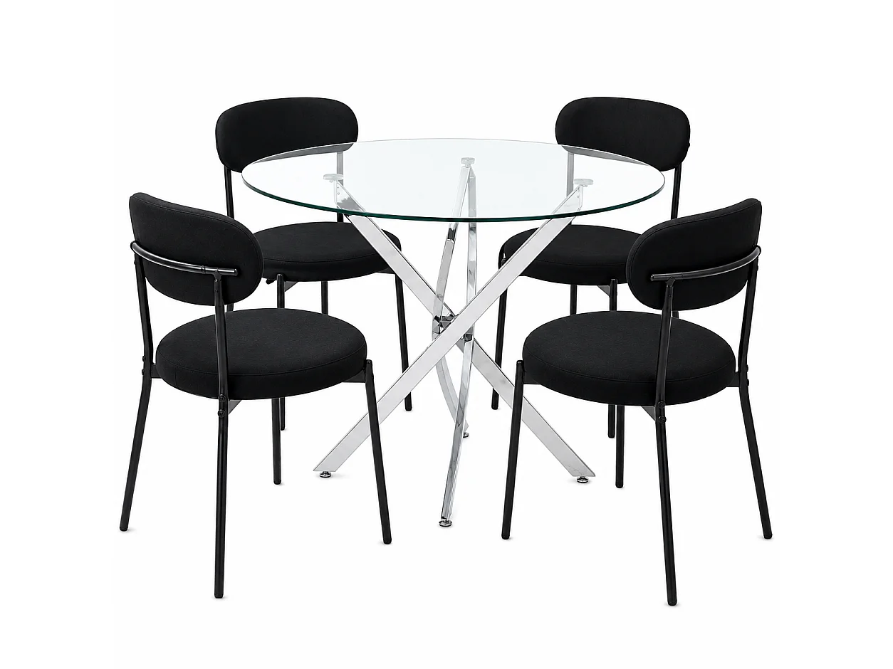 Oira Homes Modern 4 Seater Dining Table Set With Round Glass Dining Table And 4 Black Velvet Chairs