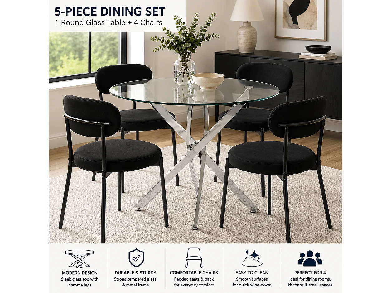 Oira Homes Modern 4 Seater Dining Table Set With Round Glass Dining Table And 4 Black Velvet Chairs