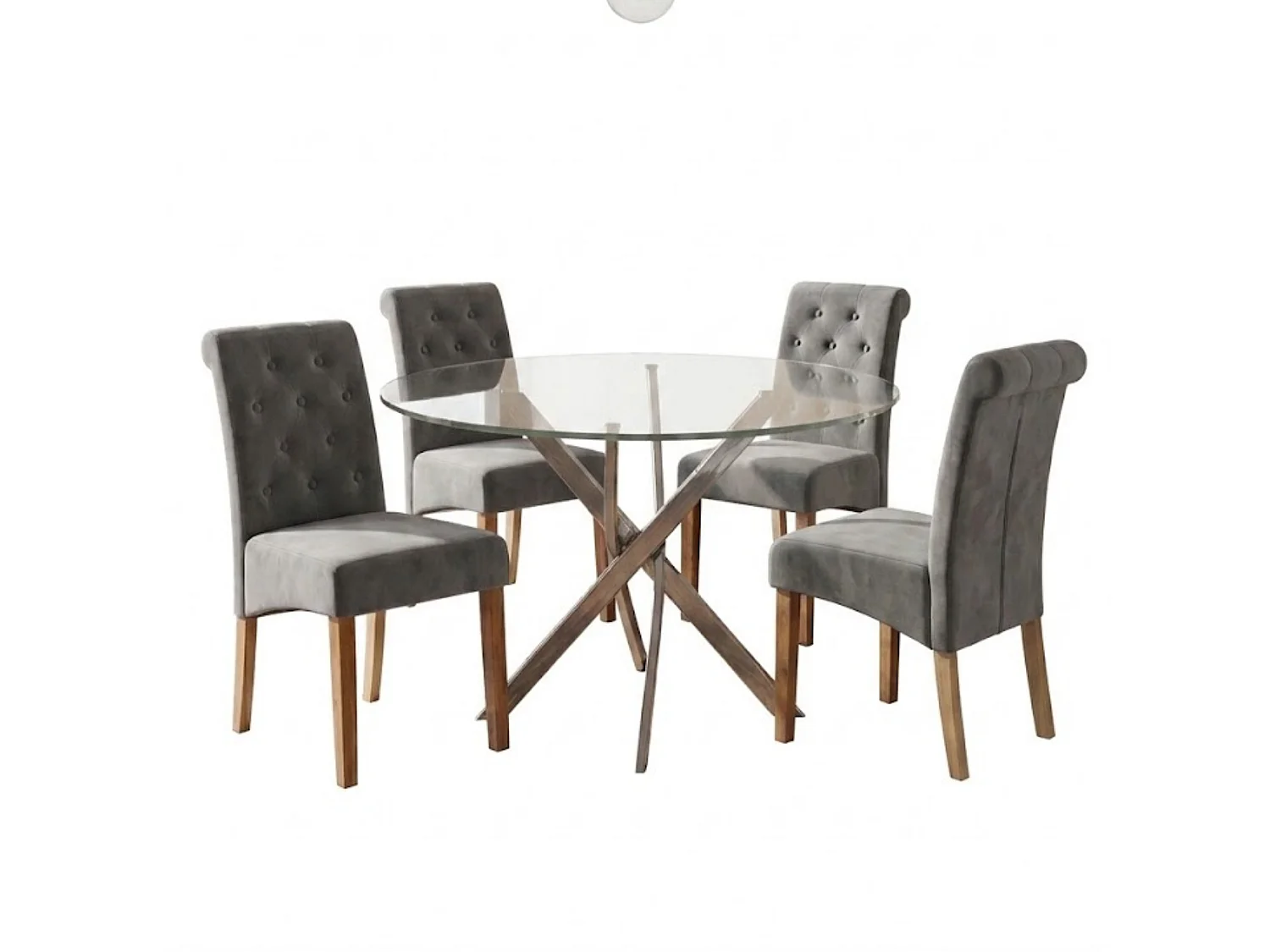 Modern Round Glass Dining Table Set With 4 Grey Velvet Chairs 4 Seater Dining Table Set
