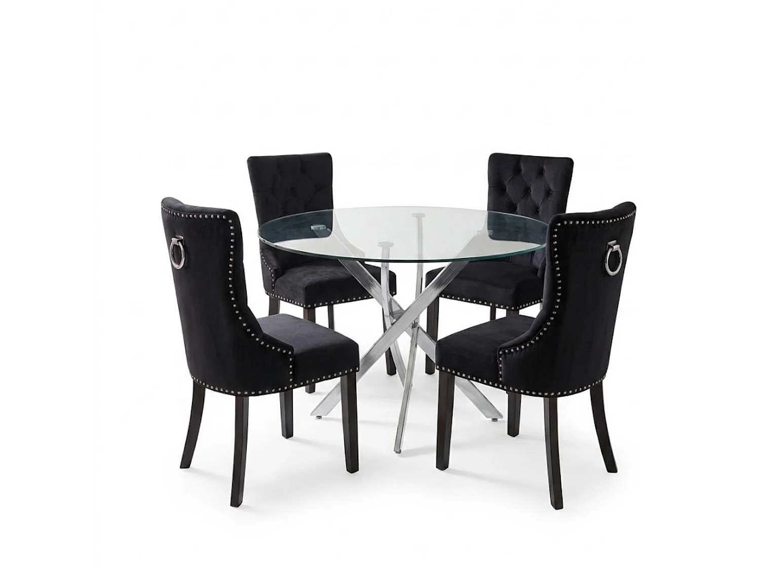 Oira Homes Modern 4 Seater Dining Table Set With Round Glass Dining Table And 4 Black Velvet Chairs