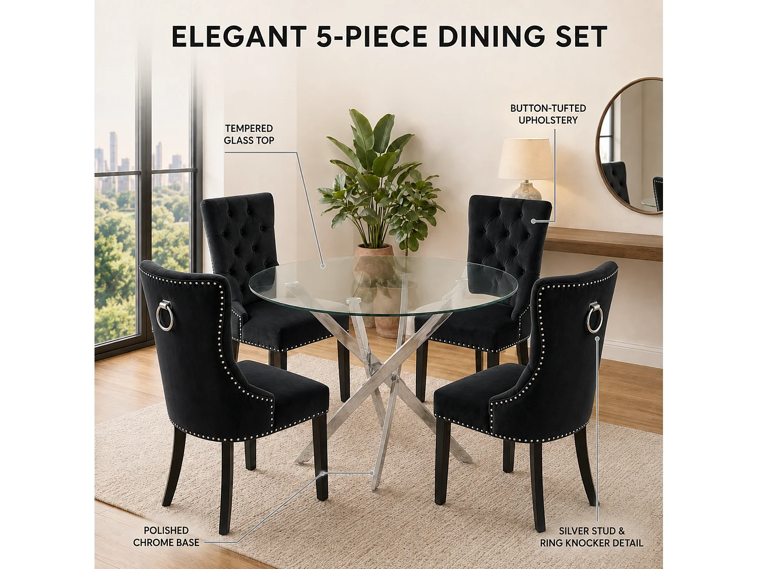 Oira Homes Modern 4 Seater Dining Table Set With Round Glass Dining Table And 4 Black Velvet Chairs