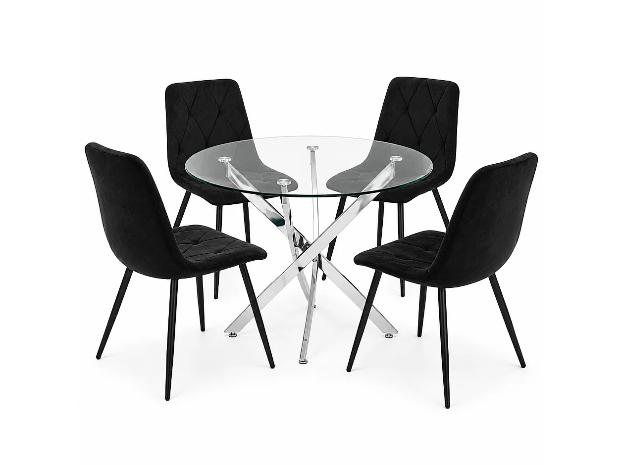 Modern Round Glass Dining Table Set With 4 Black Velvet Chairs 4 Seater Dining Table Set