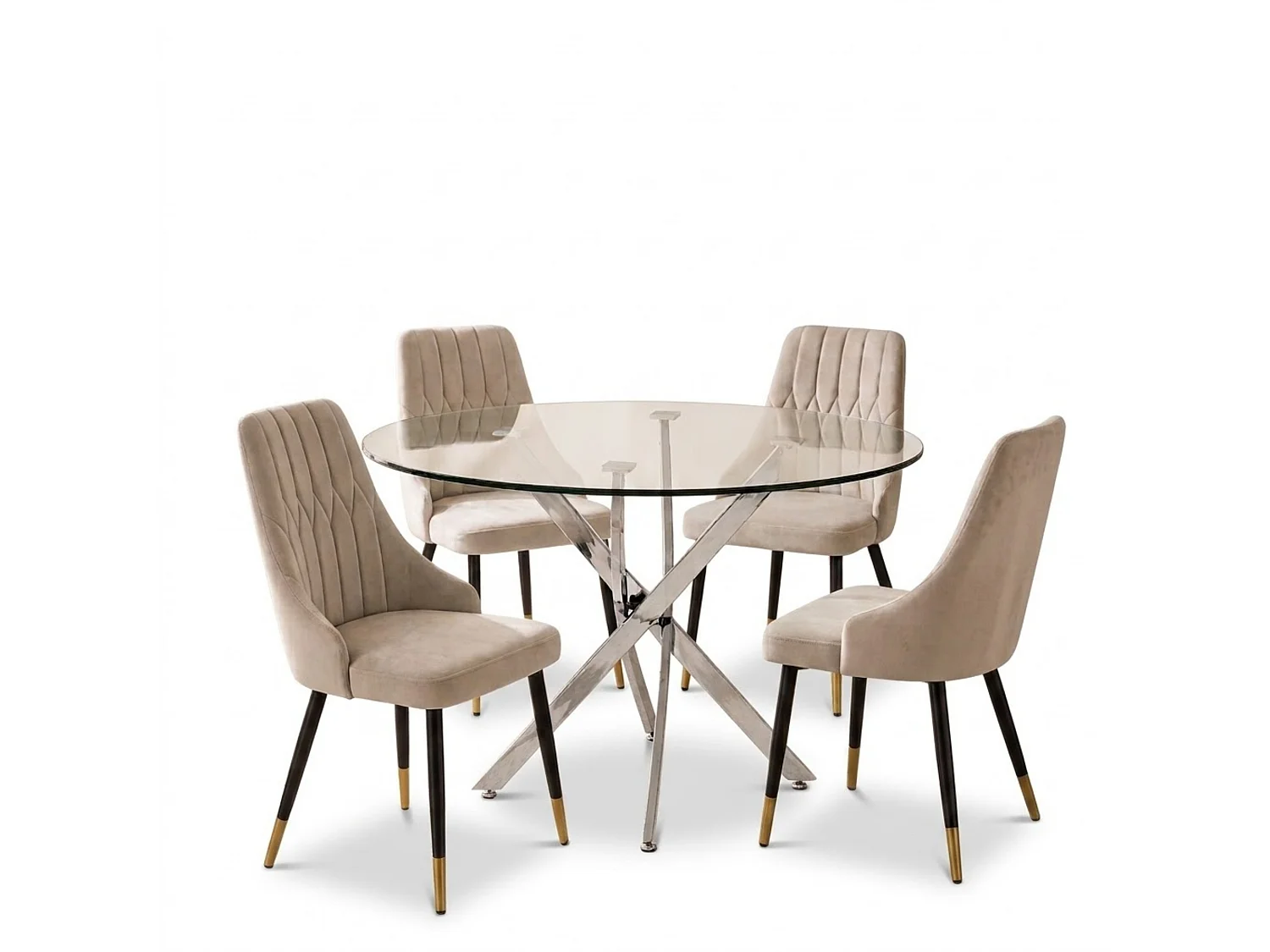 Oira Homes Modern 4 Seater Dining Table Set With Round Glass Dining Table And 4 Cream Velvet Chairs