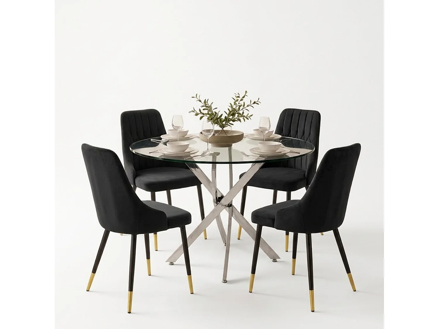 Modern Dining Table Set For 4 Dining Table With 4 Black Velvet Chairs For Dining Room Furniture