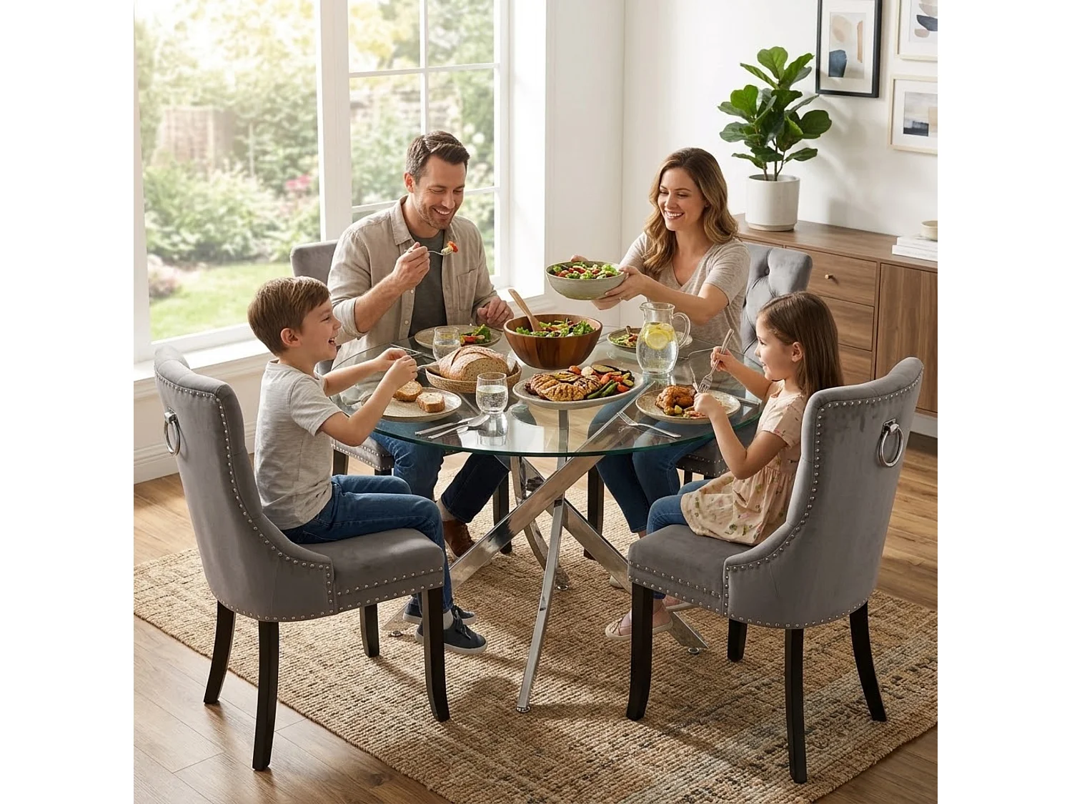 Modern Dining Table Set For 4 Dining Table With 4 Grey Velvet Chairs For Dining Room Furniture
