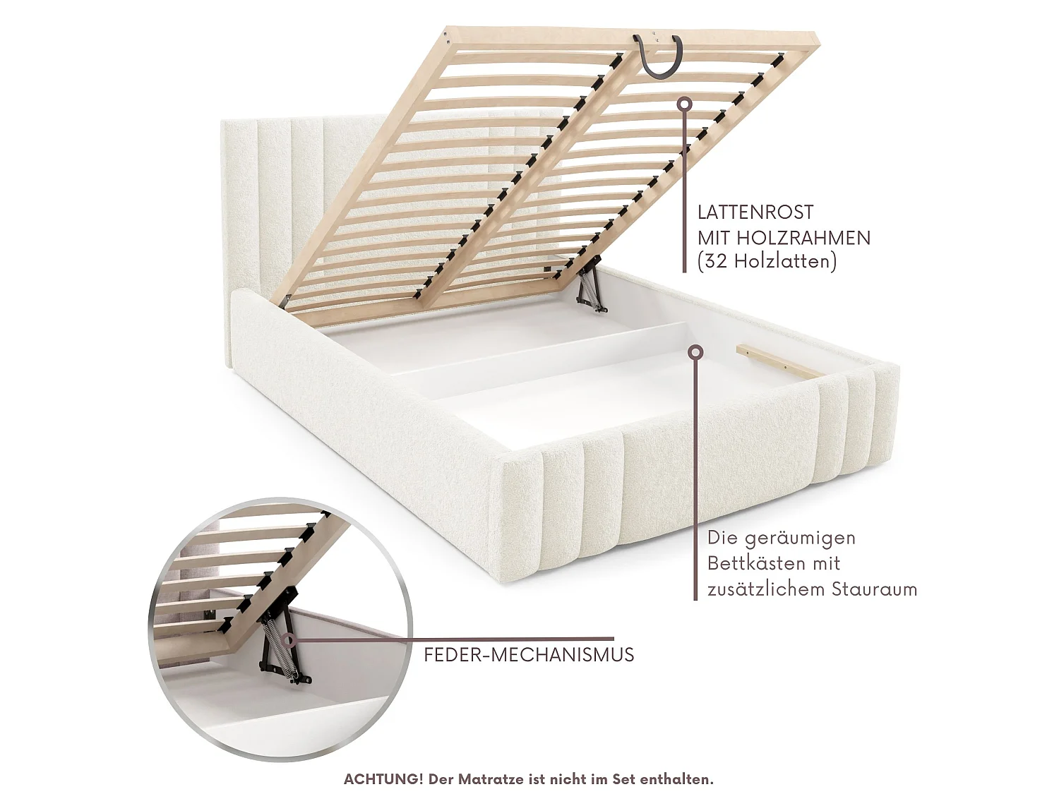 Gestoffeerd bed RIVIO met opbergruimte 160x200,tweepersoonsbed,lattenbodem,boxspringlook,zonder matras,slaapkamer-Crème