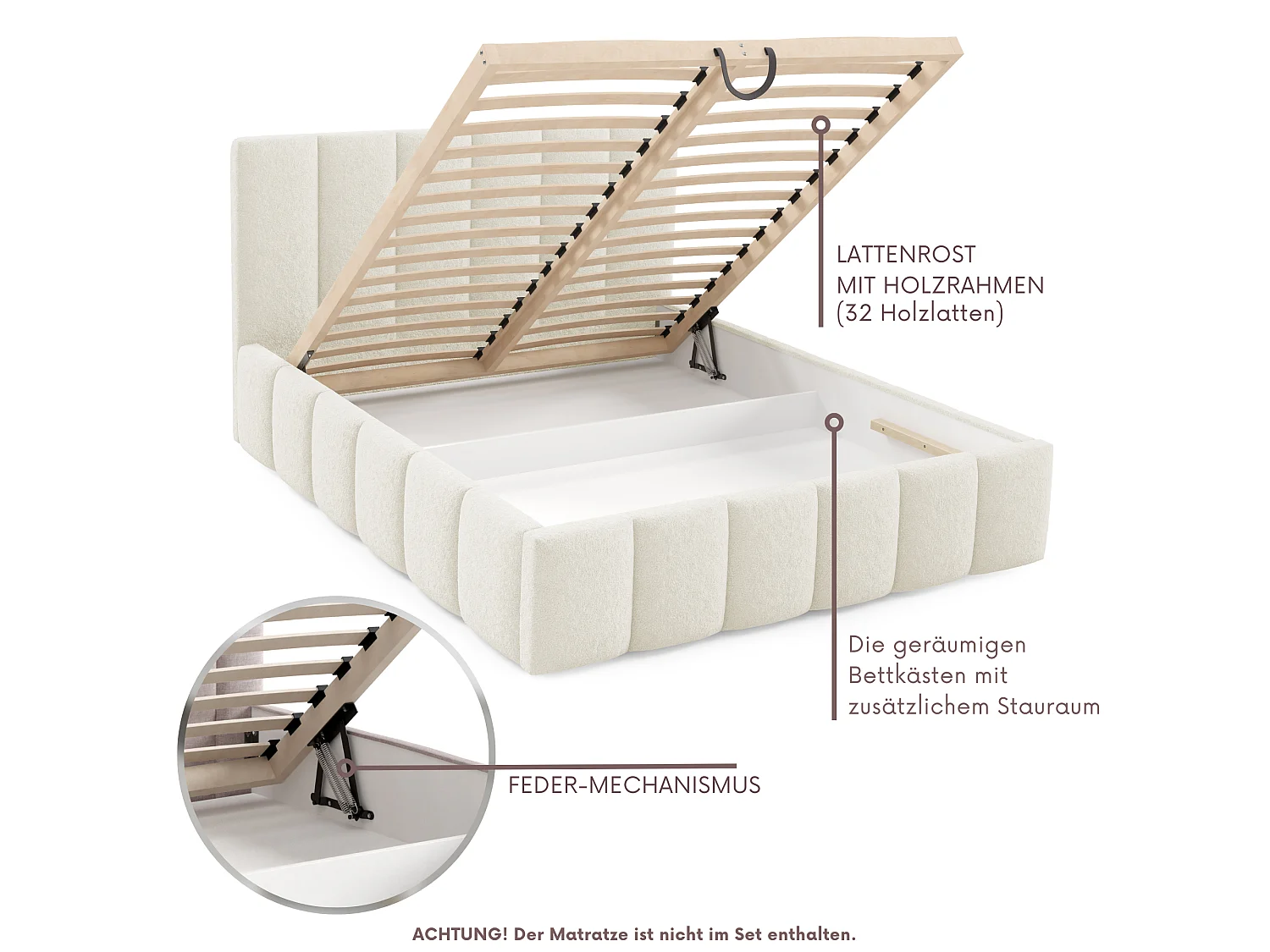 FURNISTAR Gestoffeerd bed LINO met opbergruimte 160x200|Tweepersoonsbed|Lattenbodem|Boxspring-look|zonder matras|Slaapkamer-Crème