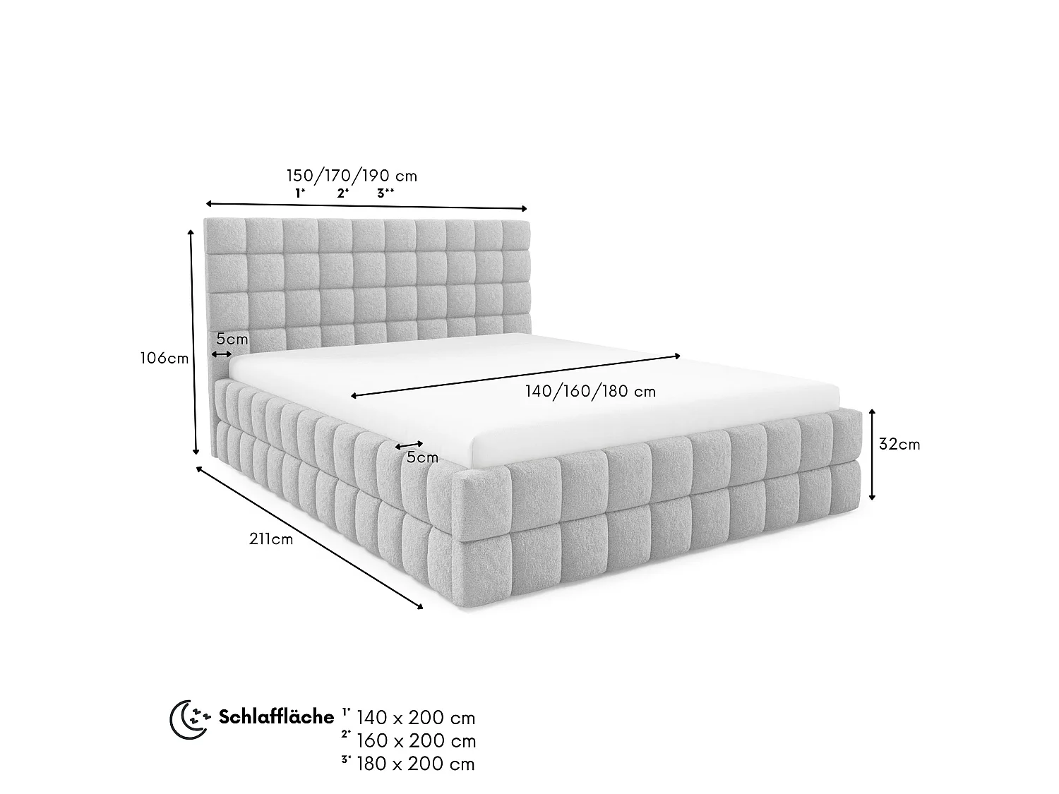 FURNISTAR Lit rembourré ARDELLO avec coffre de rangement|Lit 140x200|Lit double|Sommier à lattes|Style boxspring|sans matelas|chambre-Gris