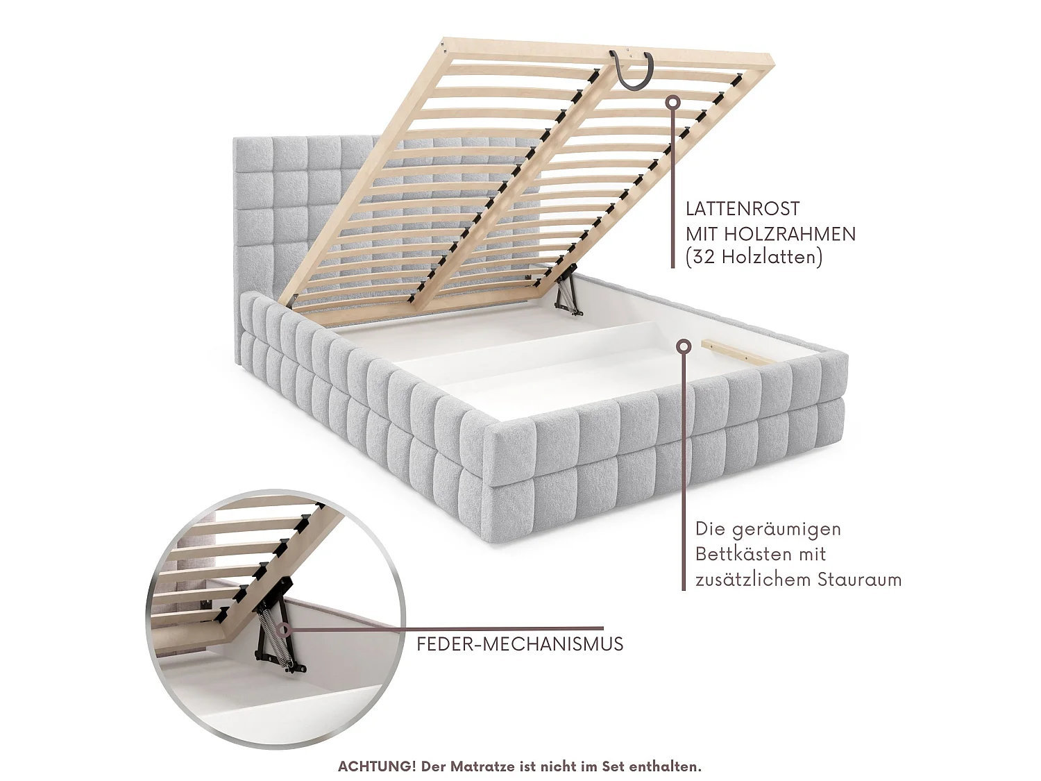 FURNISTAR Lit rembourré ARDELLO avec coffre de rangement|Lit 140x200|Lit double|Sommier à lattes|Style boxspring|sans matelas|chambre-Gris