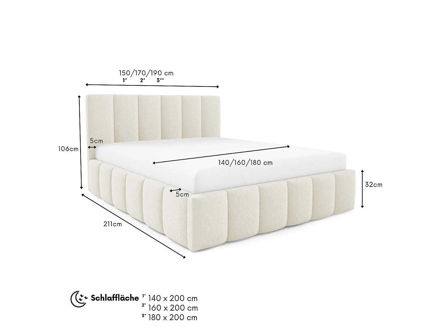FURNISTAR Lit rembourré LINO avec coffre de rangement 140x200|Lit double|Sommier à lattes|Aspect lit boxspring|sans matelas|Chambre-Crème