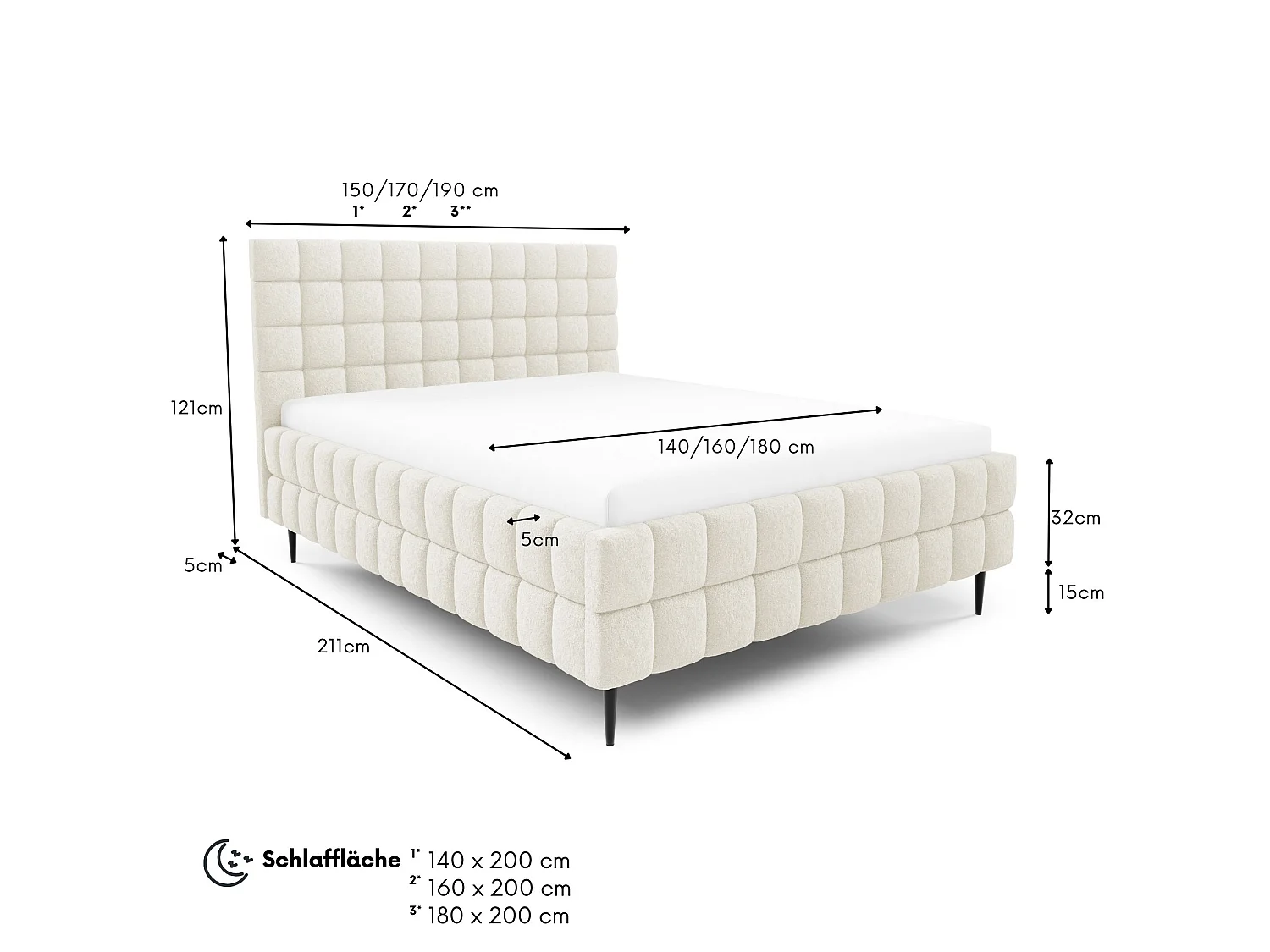 FURNISTAR Lit rembourré ARDELLO avec pieds et coffre de rangement|Lit 160x200|Lit double|Sommier à lattes|Style boxspring|sans matelas|chambre-Crème