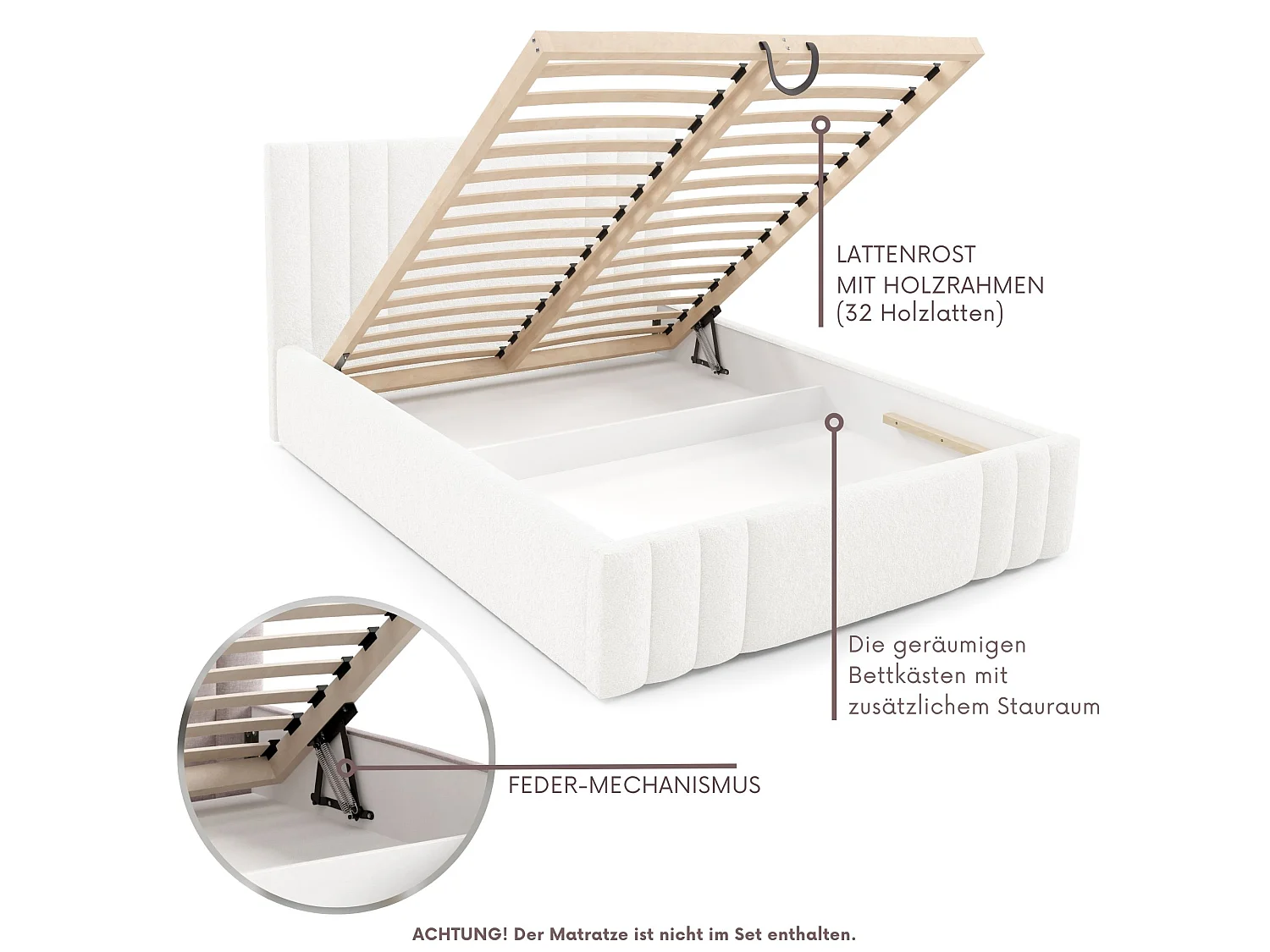 Lit rembourré RIVIO avec coffre de rangement 140x200,double,sommier à lattes,look boxspring,sans matelas,chambre- Blanc