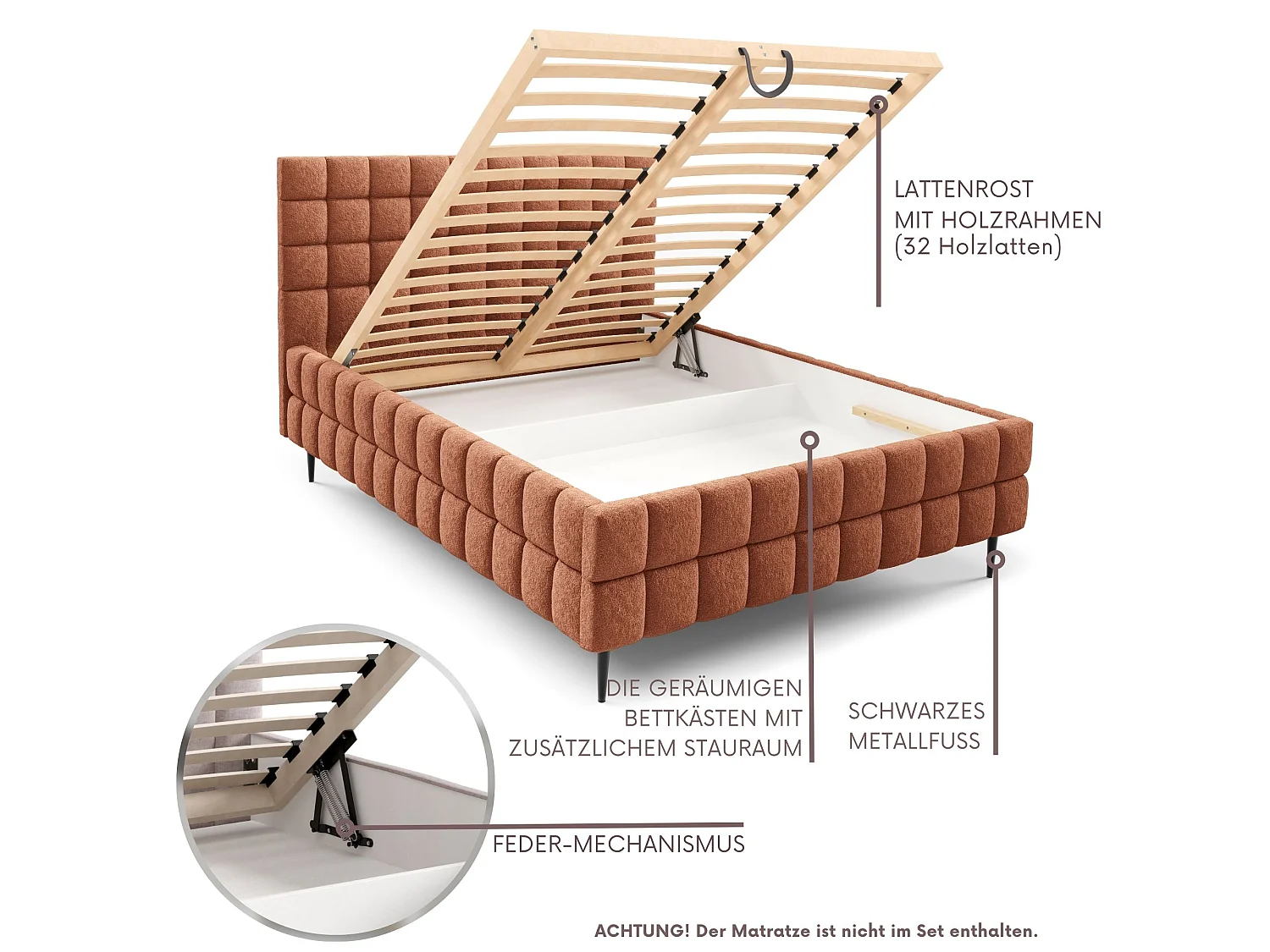 FURNISTAR Lit rembourré ARDELLO avec pieds et coffre de rangement|Lit 160x200|Lit double|Sommier à lattes|Style boxspring|sans matelas|chambre-Roux