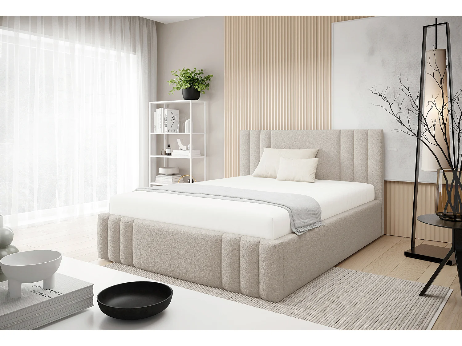 Gestoffeerd bed RIVIO met poten en opbergruimte 180x200,tweepersoonsbed,lattenbodem,boxspringlook,zonder matras,slaapkamer-Beige