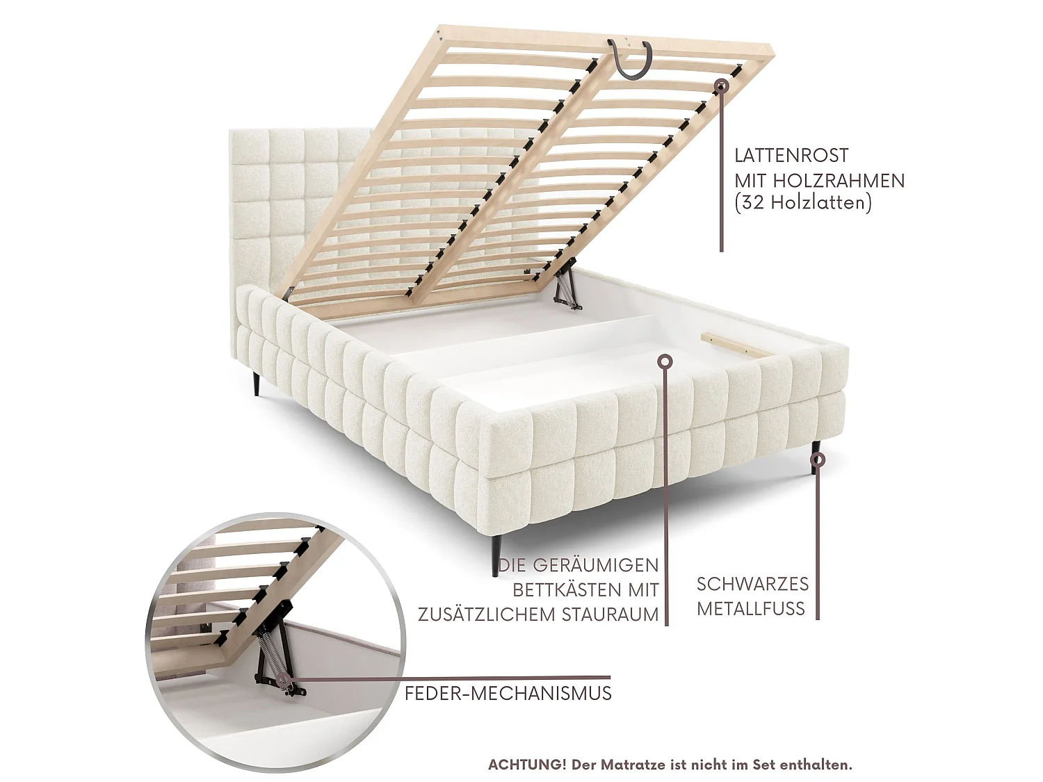 FURNISTAR Lit rembourré ARDELLO avec pieds et coffre de rangement|Lit 180x200|Lit double|Sommier à lattes|Style boxspring|sans matelas|chambre-Crème