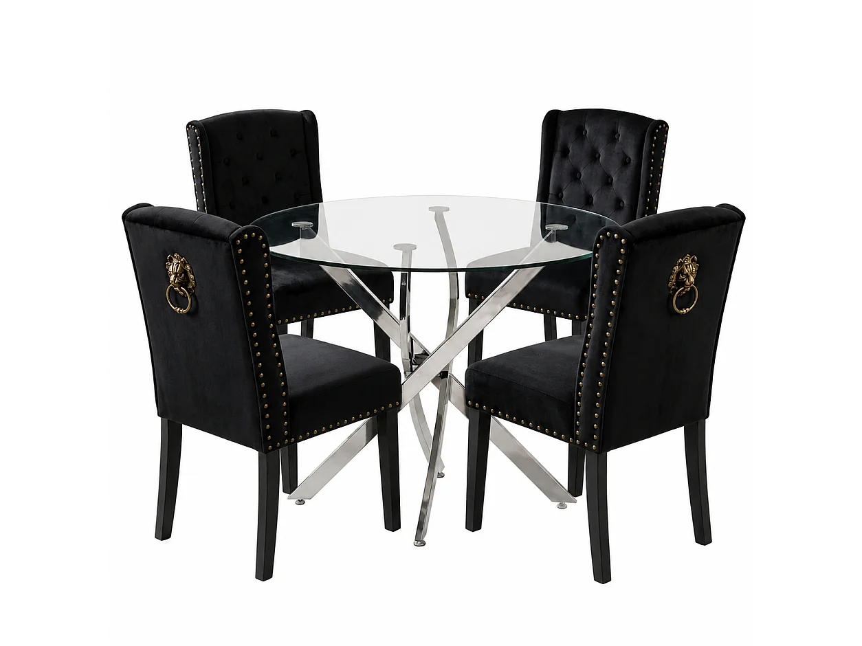 Oira Homes Modern 4 Seater Dining Table Set With Round Glass Dining Table And 4 Black Velvet Chairs