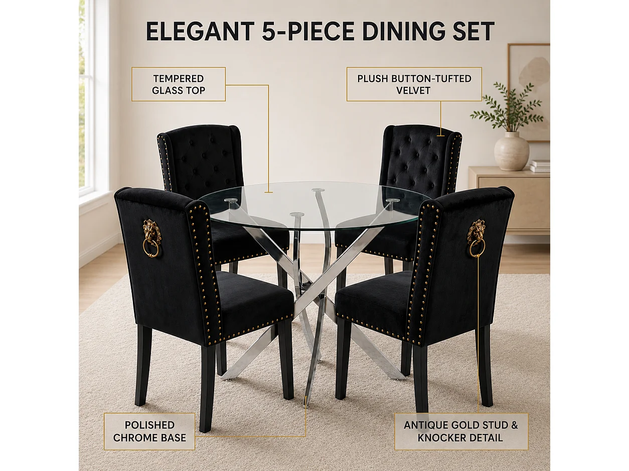 Oira Homes Modern 4 Seater Dining Table Set With Round Glass Dining Table And 4 Black Velvet Chairs