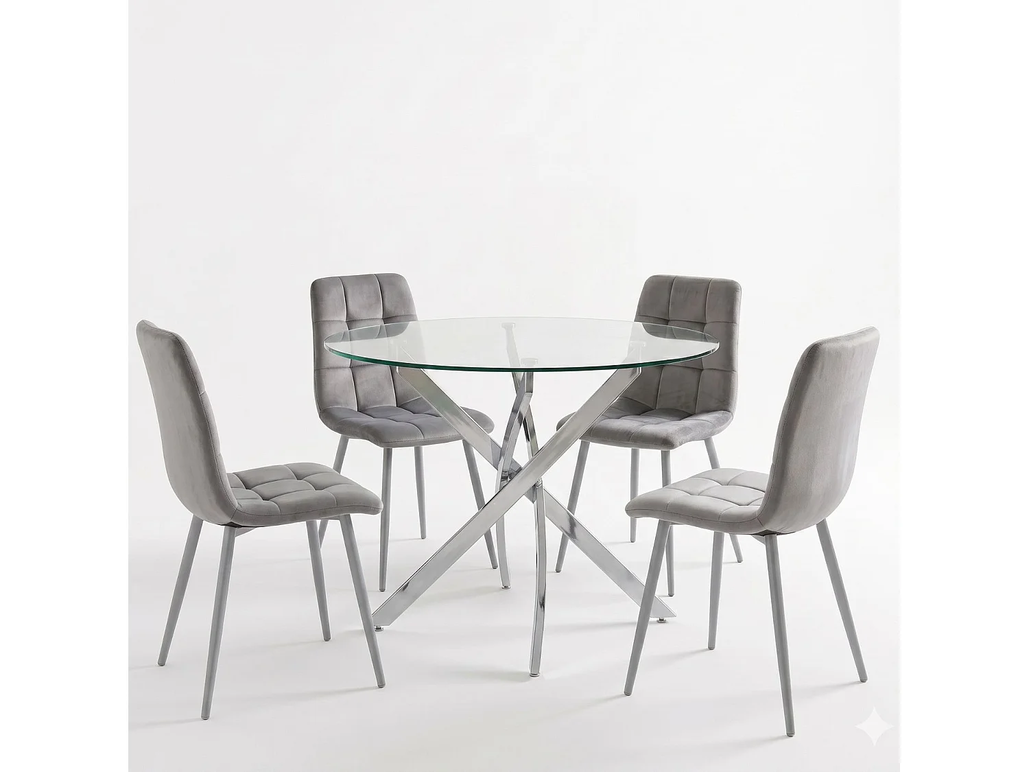 Oira Homes Round Glass Dining Table Set with 4 Grey Nova Velvet Chairs 4 Seater Kitchen and Dining Room Set