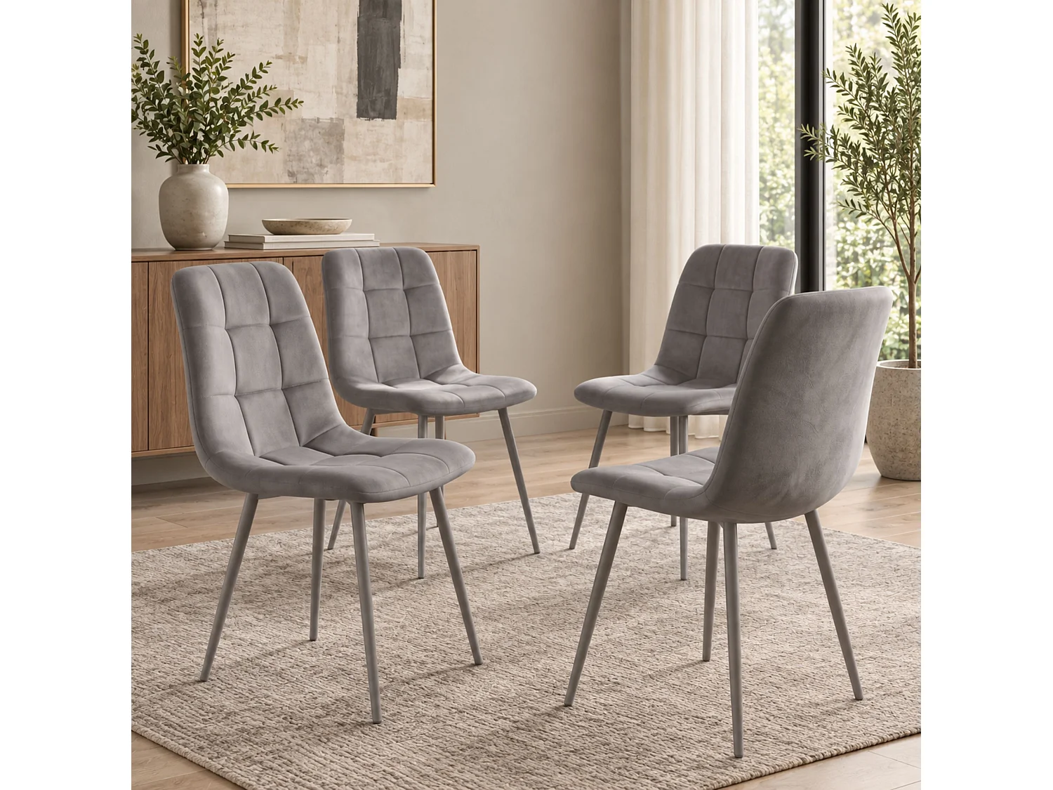 Oira Homes Round Glass Dining Table Set with 4 Grey Nova Velvet Chairs 4 Seater Kitchen and Dining Room Set