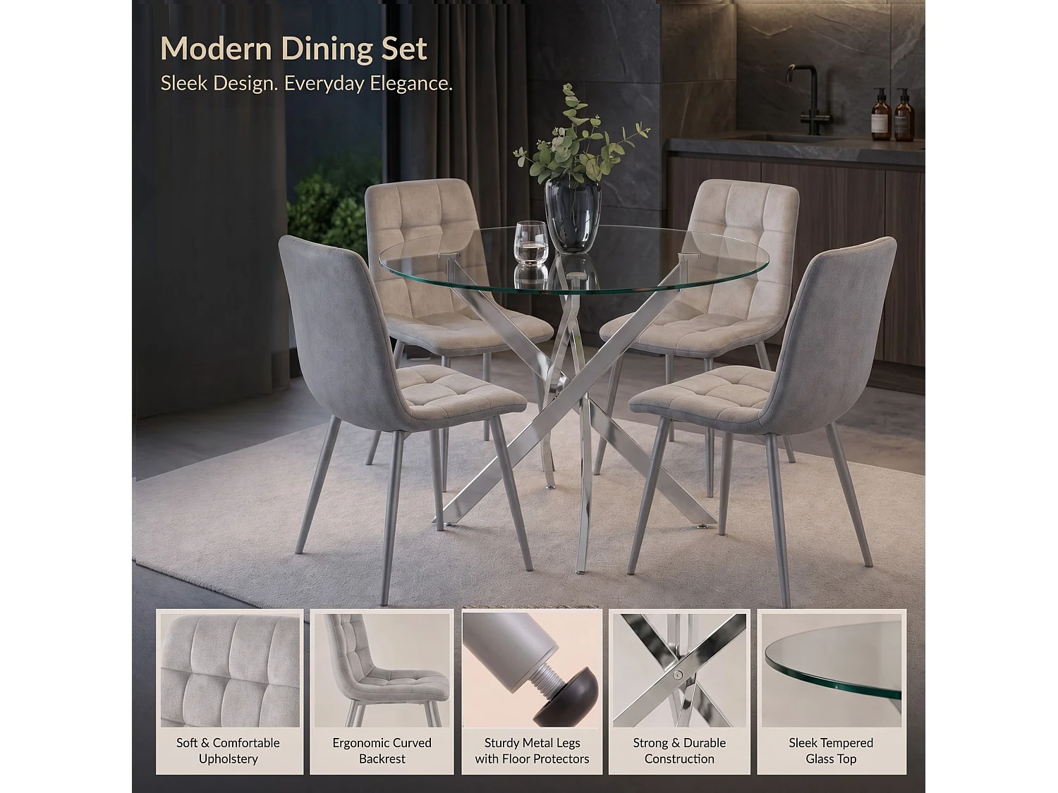 Oira Homes Round Glass Dining Table Set with 4 Grey Nova Velvet Chairs 4 Seater Kitchen and Dining Room Set