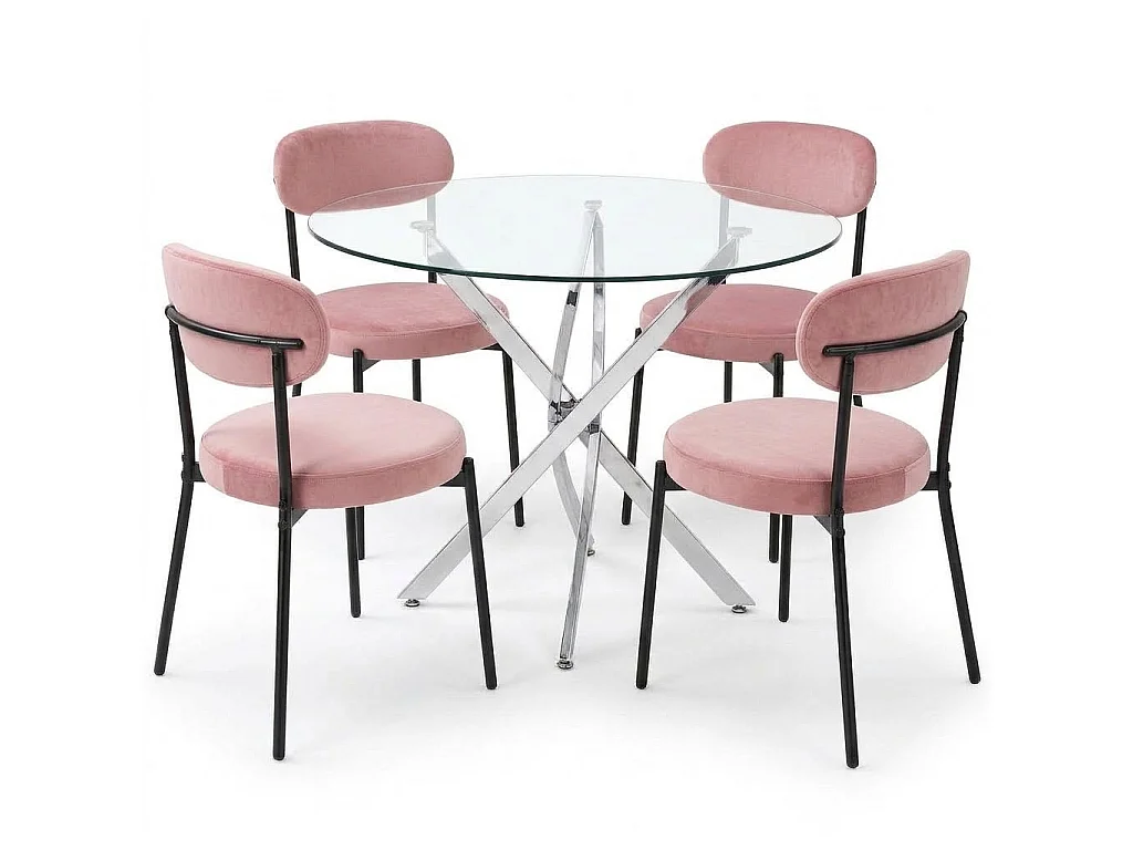 Modern Round Glass Dining Table Set With 4 Pink Velvet Chairs 4 Seater Dining Table Set