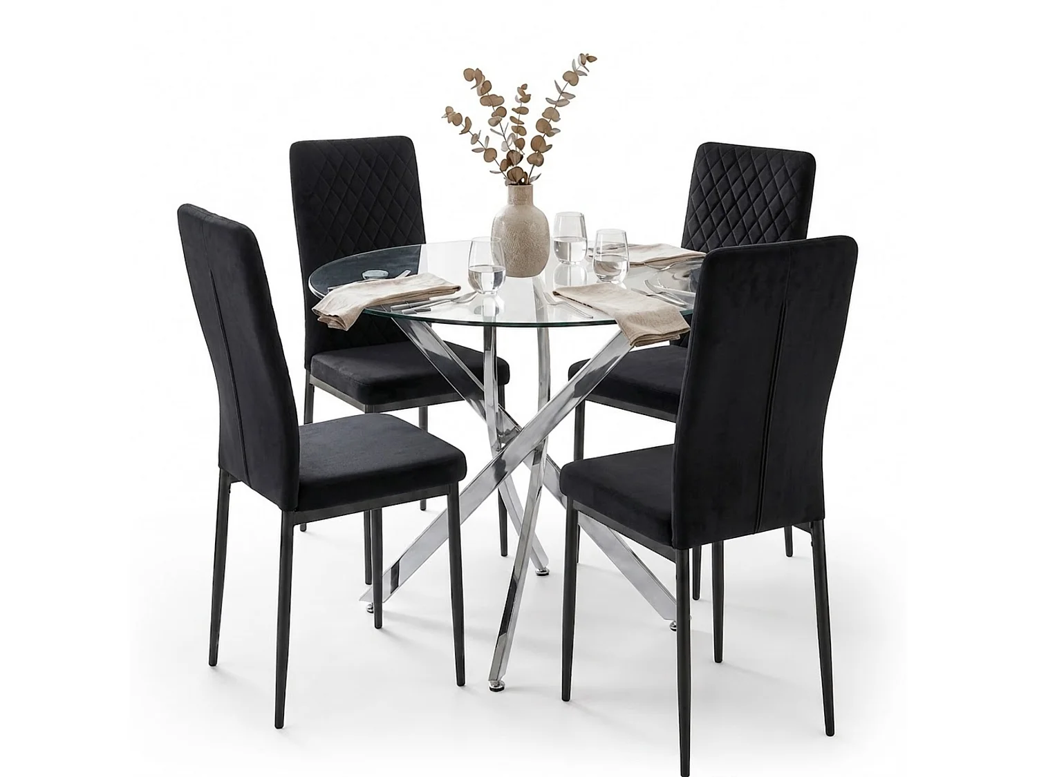 Modern Dining Table Set For 4 Dining Table With 4 Black Velvet Chairs For Dining Room Furniture