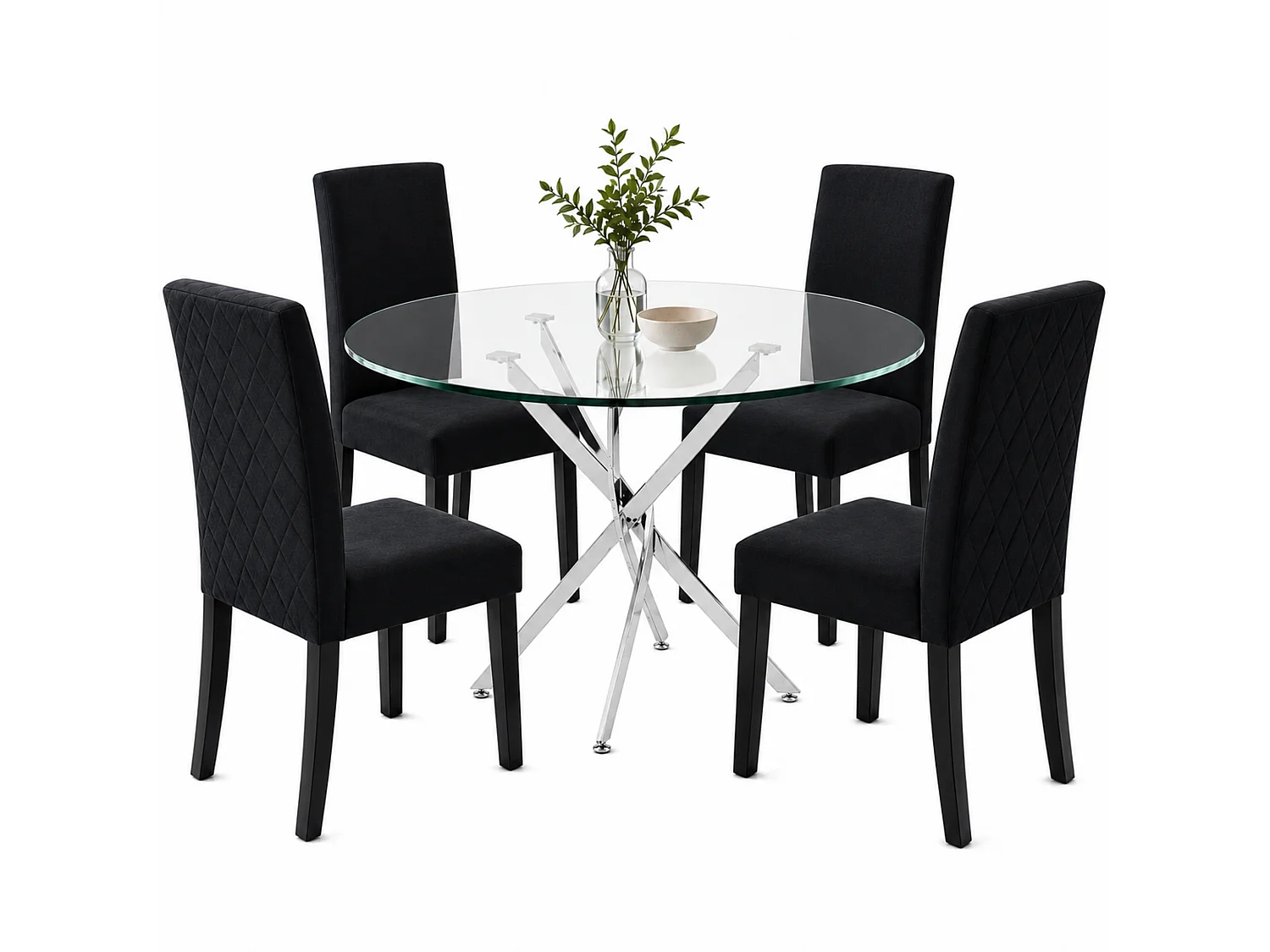 Modern Round Glass Dining Table Set With 4 Black Velvet Chairs 4 Seater Dining Table Set