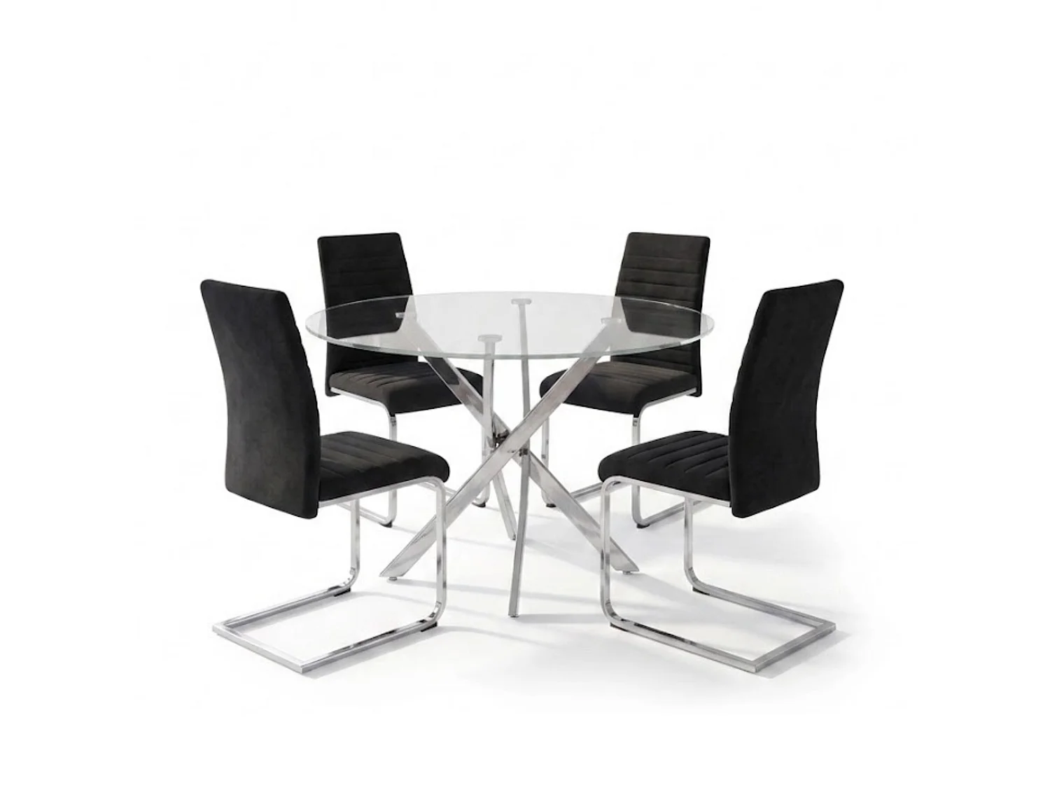 Modern Round Glass Dining Table Set With 4 Black Velvet Chairs 4 Seater Dining Table Set
