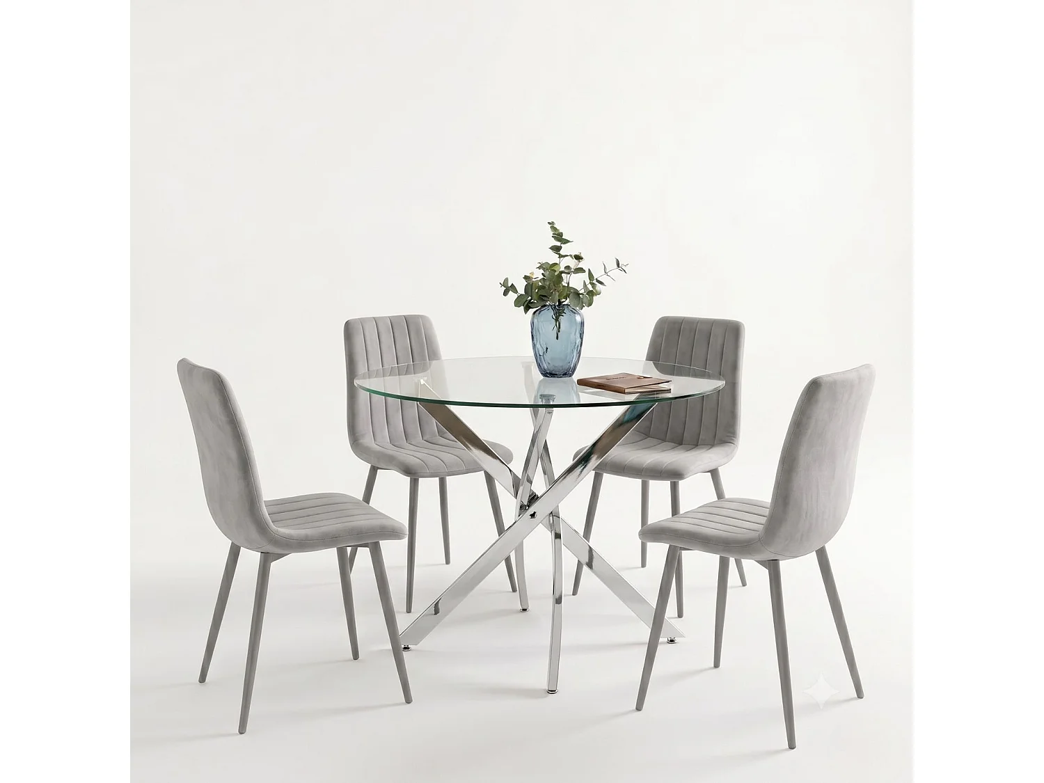 Oira Homes Round Glass Dining Table Set with 4 Grey Velvet Chairs 4 Seater Kitchen and Dining Room Set