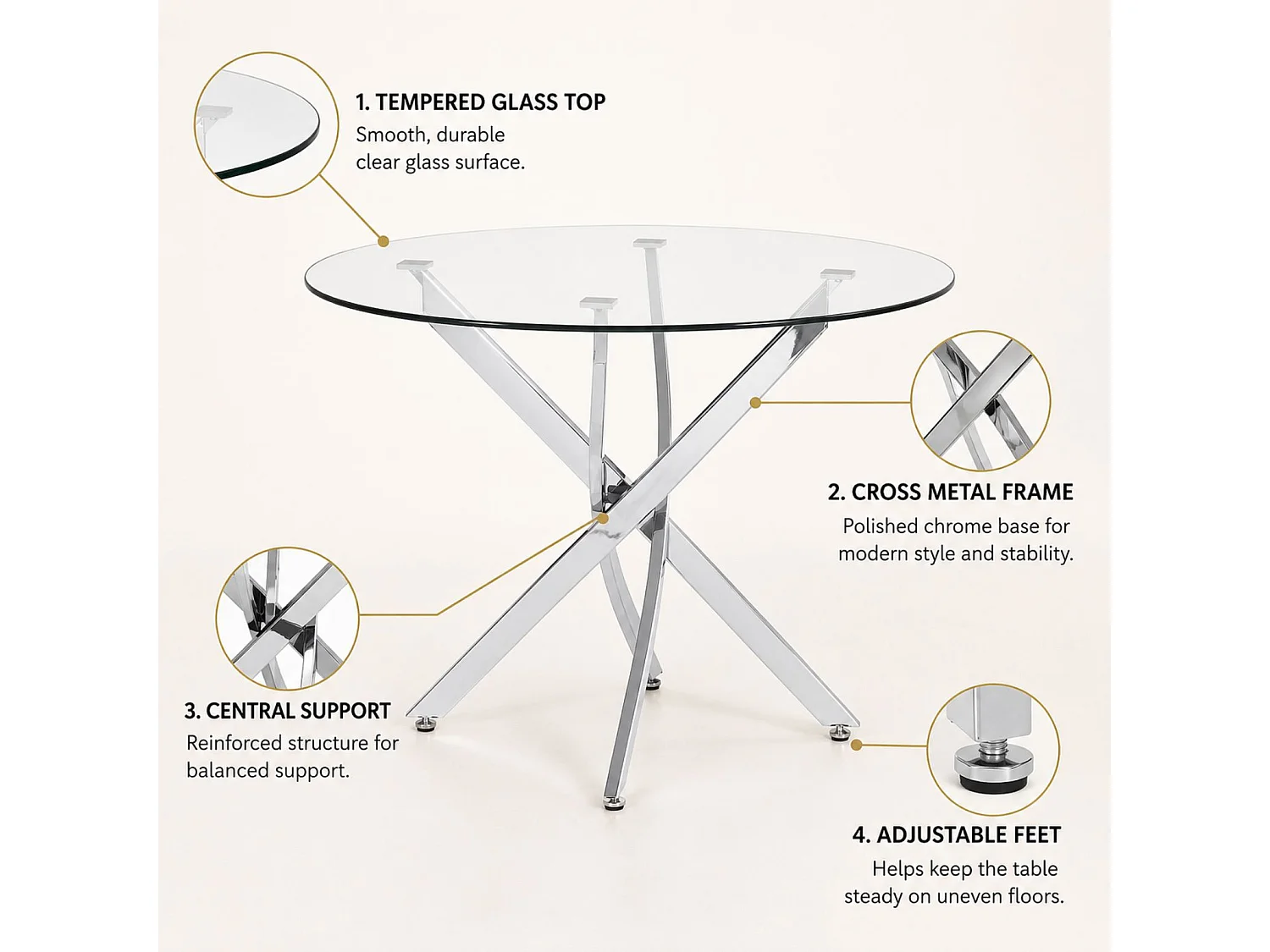Oira Homes Round Glass Dining Table Set with 4 Grey Velvet Chairs 4 Seater Kitchen and Dining Room Set