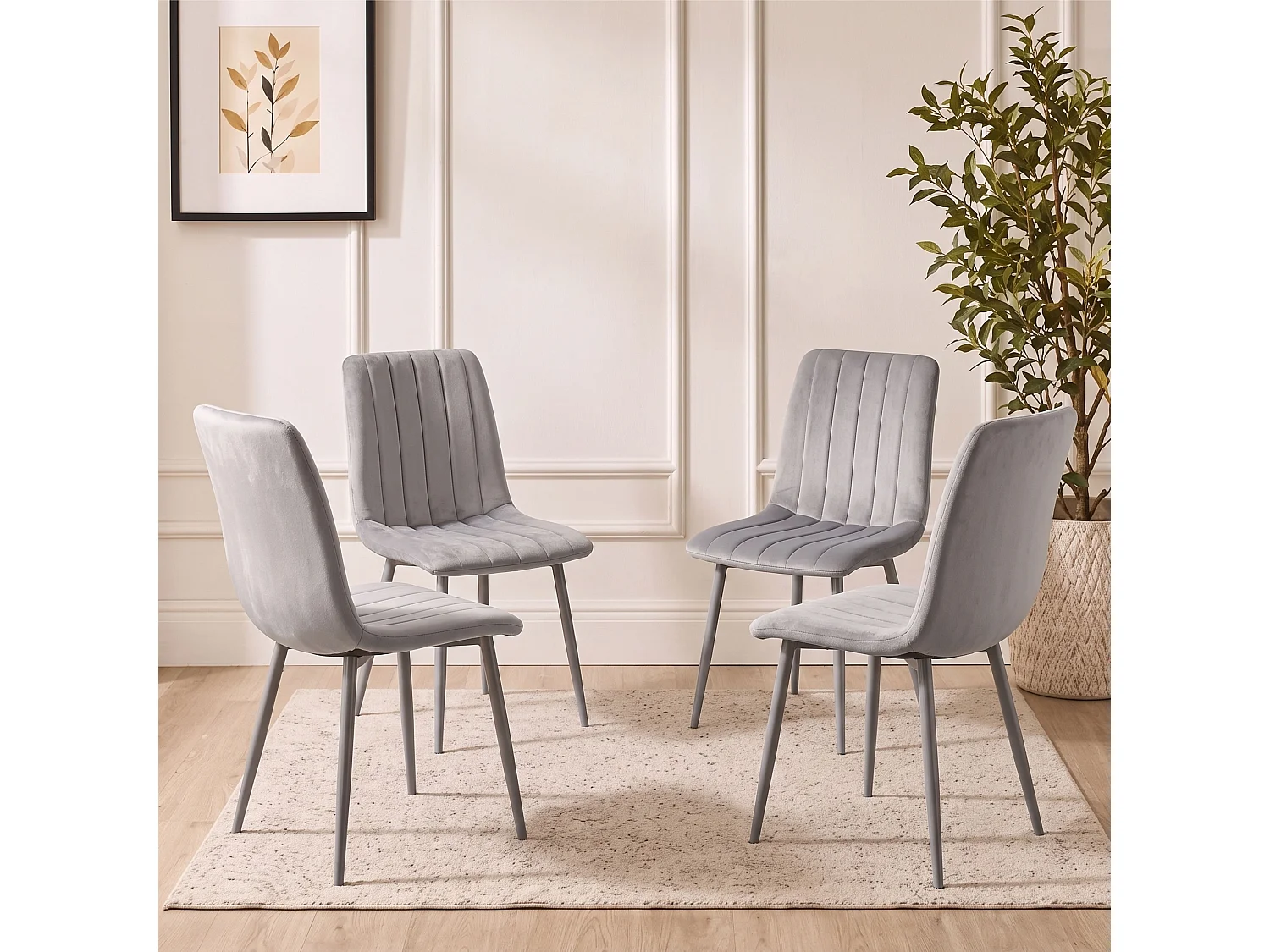 Oira Homes Round Glass Dining Table Set with 4 Grey Velvet Chairs 4 Seater Kitchen and Dining Room Set
