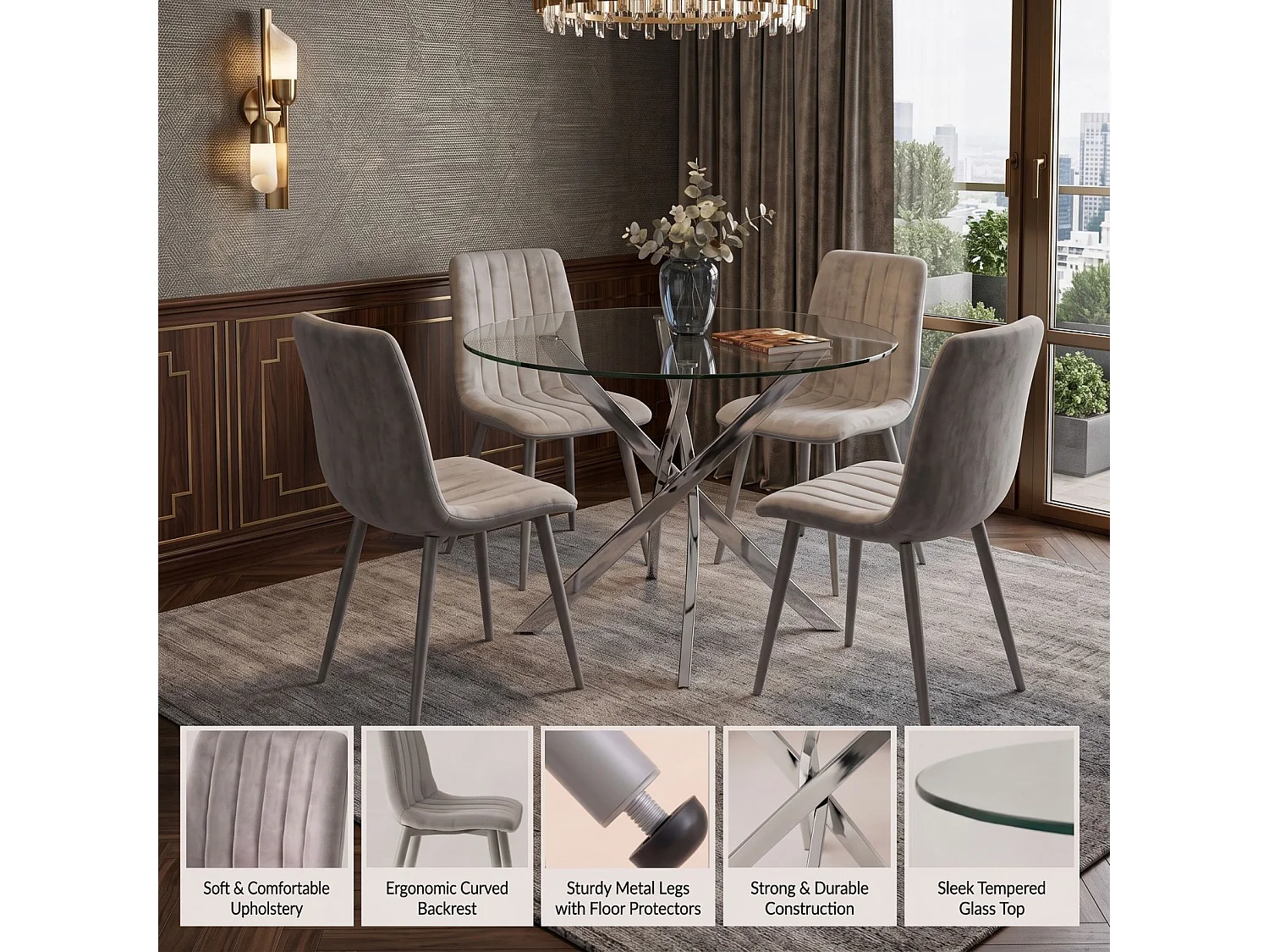 Oira Homes Round Glass Dining Table Set with 4 Grey Velvet Chairs 4 Seater Kitchen and Dining Room Set