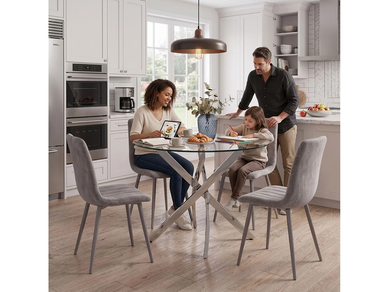Oira Homes Round Glass Dining Table Set with 4 Grey Velvet Chairs 4 Seater Kitchen and Dining Room Set