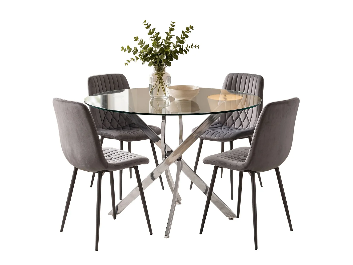 Oira Homes Round Glass Dining Table Set with 4 Dark Grey Velvet Diamond Chairs 4 Seater Kitchen Dining Set