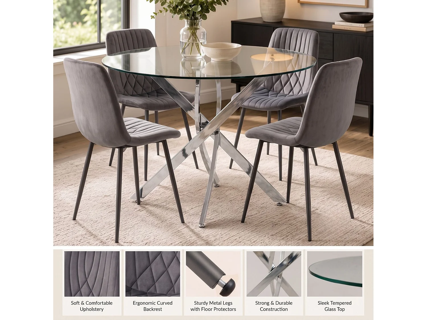 Oira Homes Round Glass Dining Table Set with 4 Dark Grey Velvet Diamond Chairs 4 Seater Kitchen Dining Set