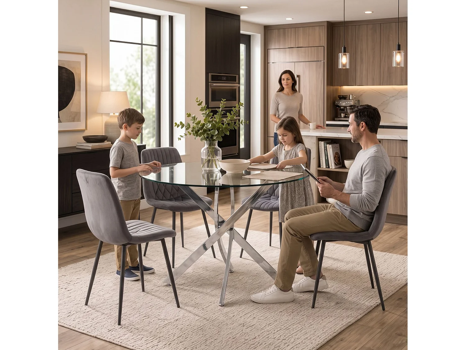 Oira Homes Round Glass Dining Table Set with 4 Dark Grey Velvet Diamond Chairs 4 Seater Kitchen Dining Set