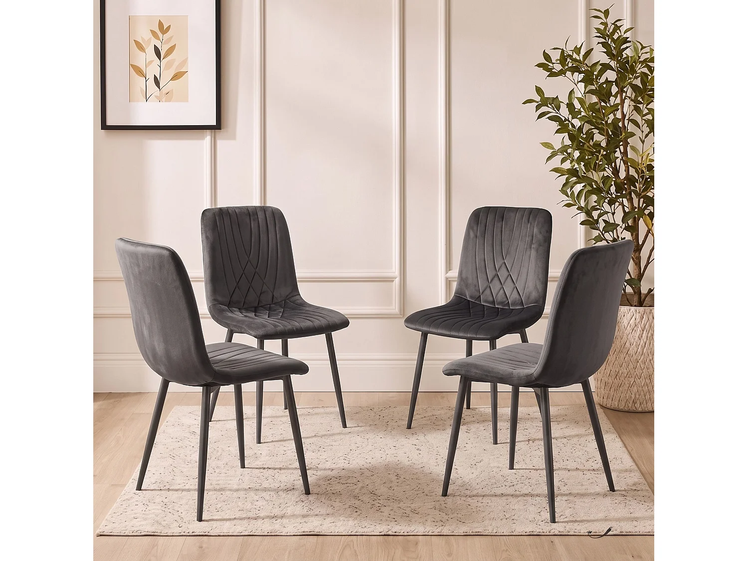 Oira Homes Round Glass Dining Table Set with 4 Dark Grey Velvet Diamond Chairs 4 Seater Kitchen Dining Set