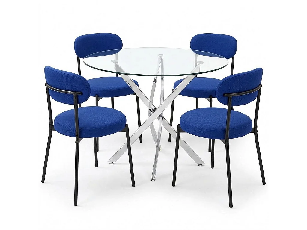Modern Round Glass Dining Table Set With 4 Blue Velvet Chairs 4 Seater Dining Table Set