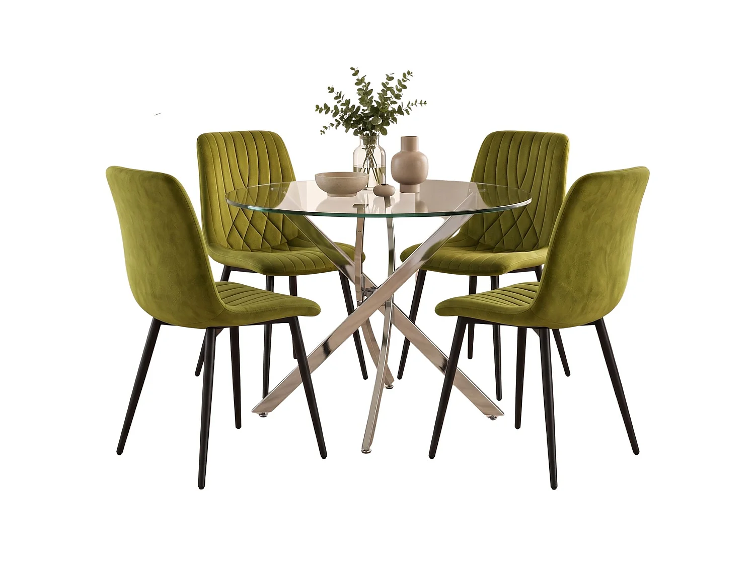 Round Glass Dining Table Set with 4 Olive Green Velvet Diamond Chairs 4 Seater Dining Room Set