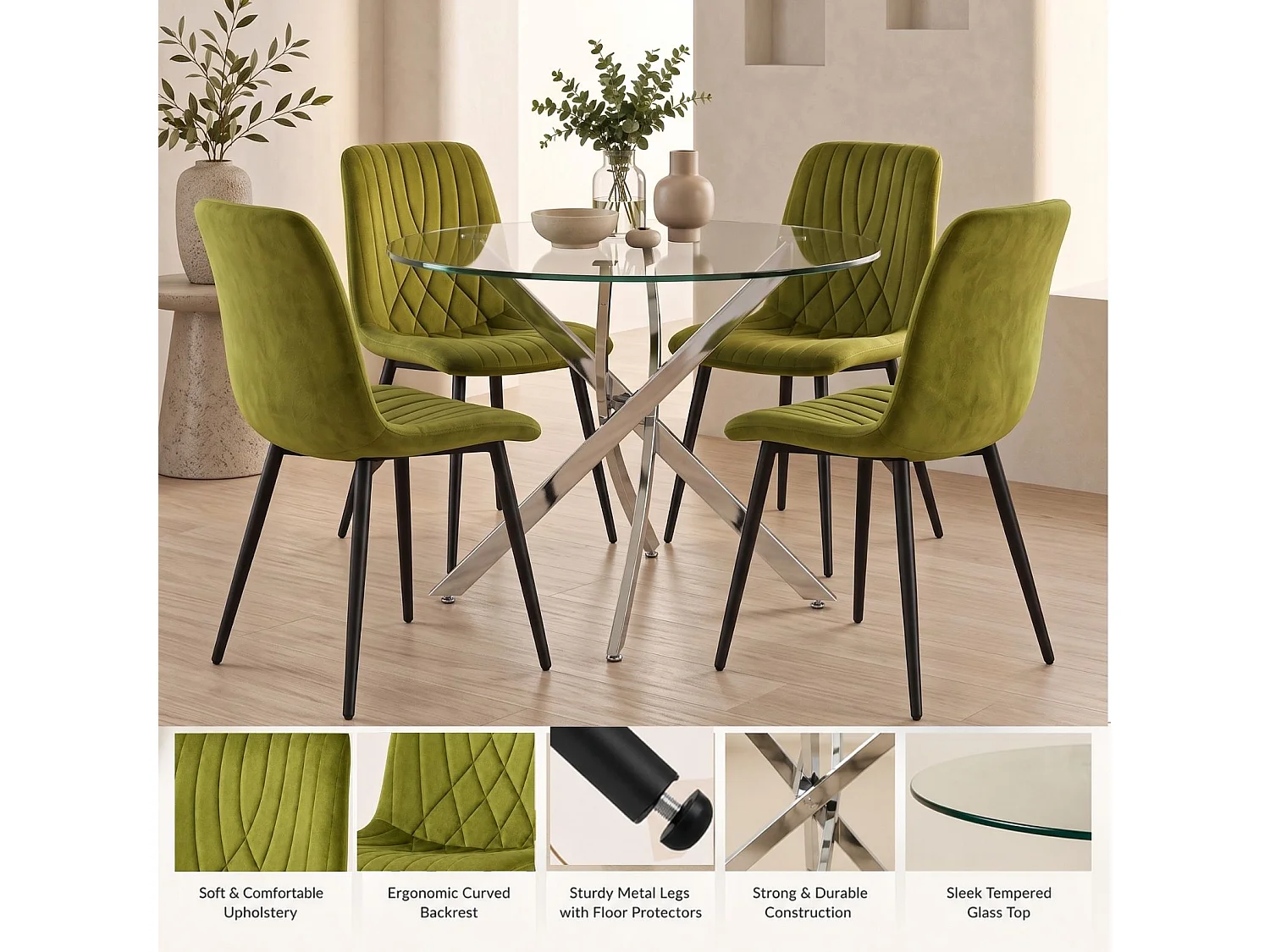 Round Glass Dining Table Set with 4 Olive Green Velvet Diamond Chairs 4 Seater Dining Room Set